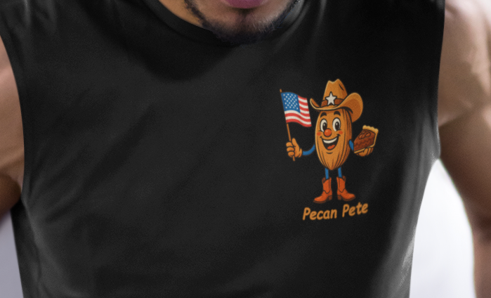 Front view of unisex Bella + Canvas 3483 muscle tank in black featuring Pecan Pete holding American flag and pecan pie, gym wear design.