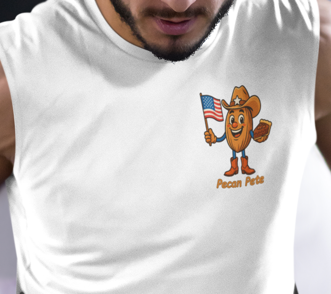 Unisex Muscle Tank | Bella + Canvas 3483 | Pecan Pete Gym Shirt with Flag & Pie | NuttyMerch Logo Back