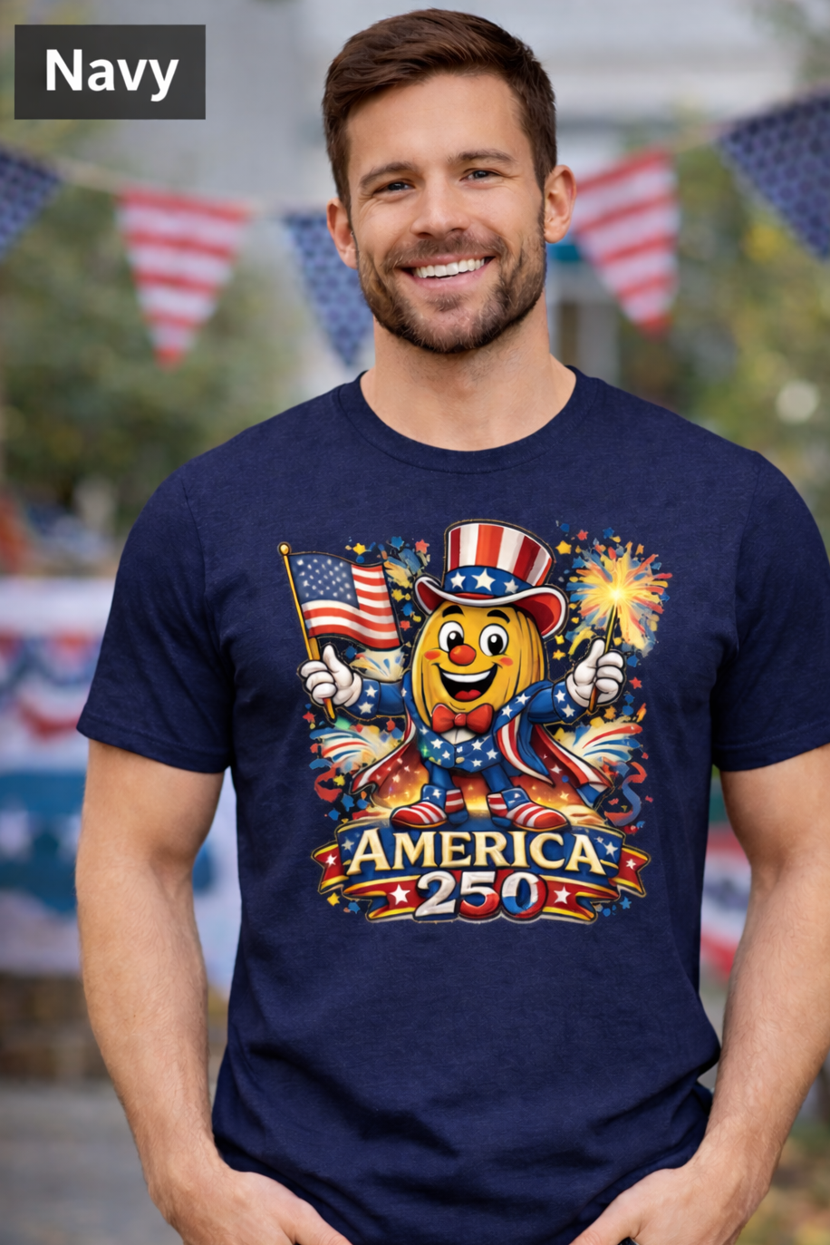 “Patriotic Pecan Pete cartoon character holding American flag and sparklers, wearing red white and blue hat on graphic t shirt celebrating America 250 in retro Americana style.