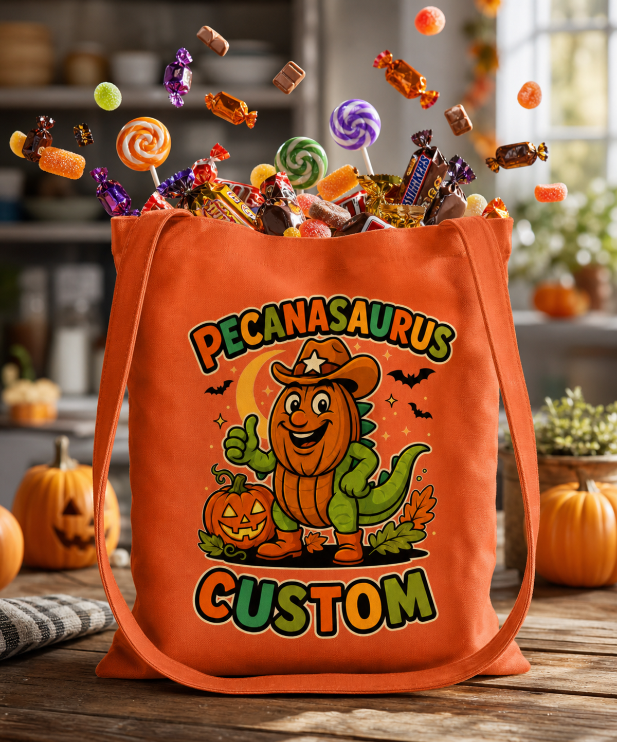 An orange tote bag with a Halloween-themed 'PECANASaurus CUSTOM' graphic, overflowing with assorted colorful candies, set on a wooden table with pumpkins and a blurred kitchen background.