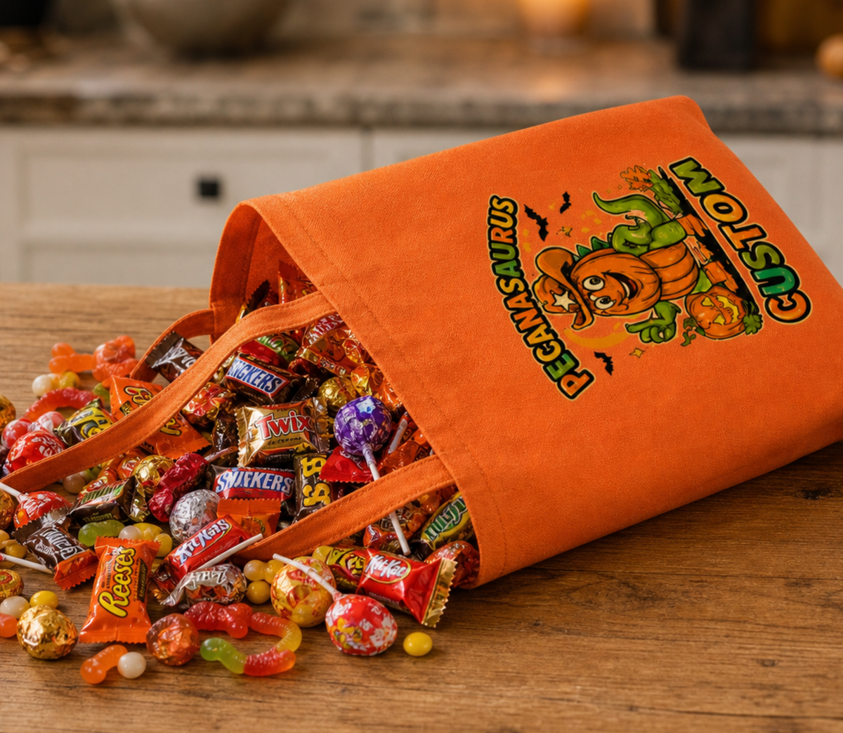 An orange fabric candy bucket bag with a Halloween pumpkin graphic and the words 'PEACH PUMPKINS CUSTOM' spilling out assorted wrapped candies on a wooden table.