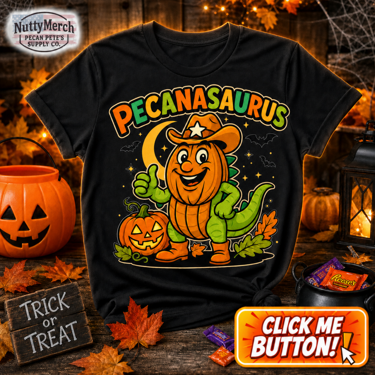 Black t-shirt with a Halloween graphic featuring the word "PECANASAURUS" above a green dinosaur wearing a pumpkin head, cowboy hat, and boots, set against a dark night background with a crescent moon, bats, and jack-o'-lanterns.