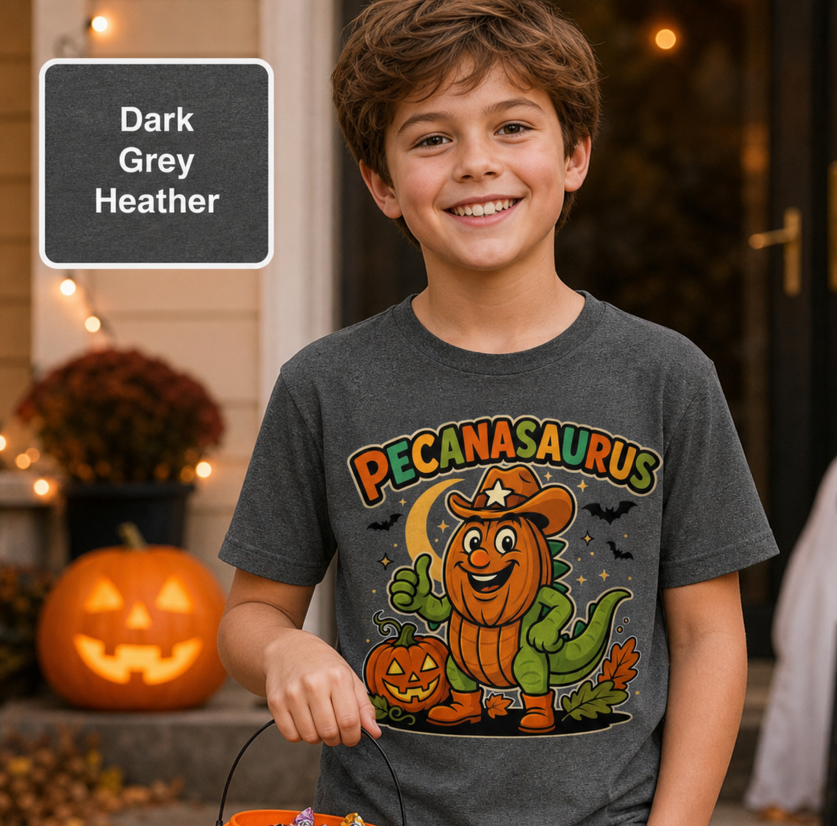 A smiling boy wearing a dark grey heather graphic T-shirt with a colorful 'Pecanasaurus' Halloween design, standing in front of a decorated house doorway. A label in the top left reads 'Dark Grey Heather'.