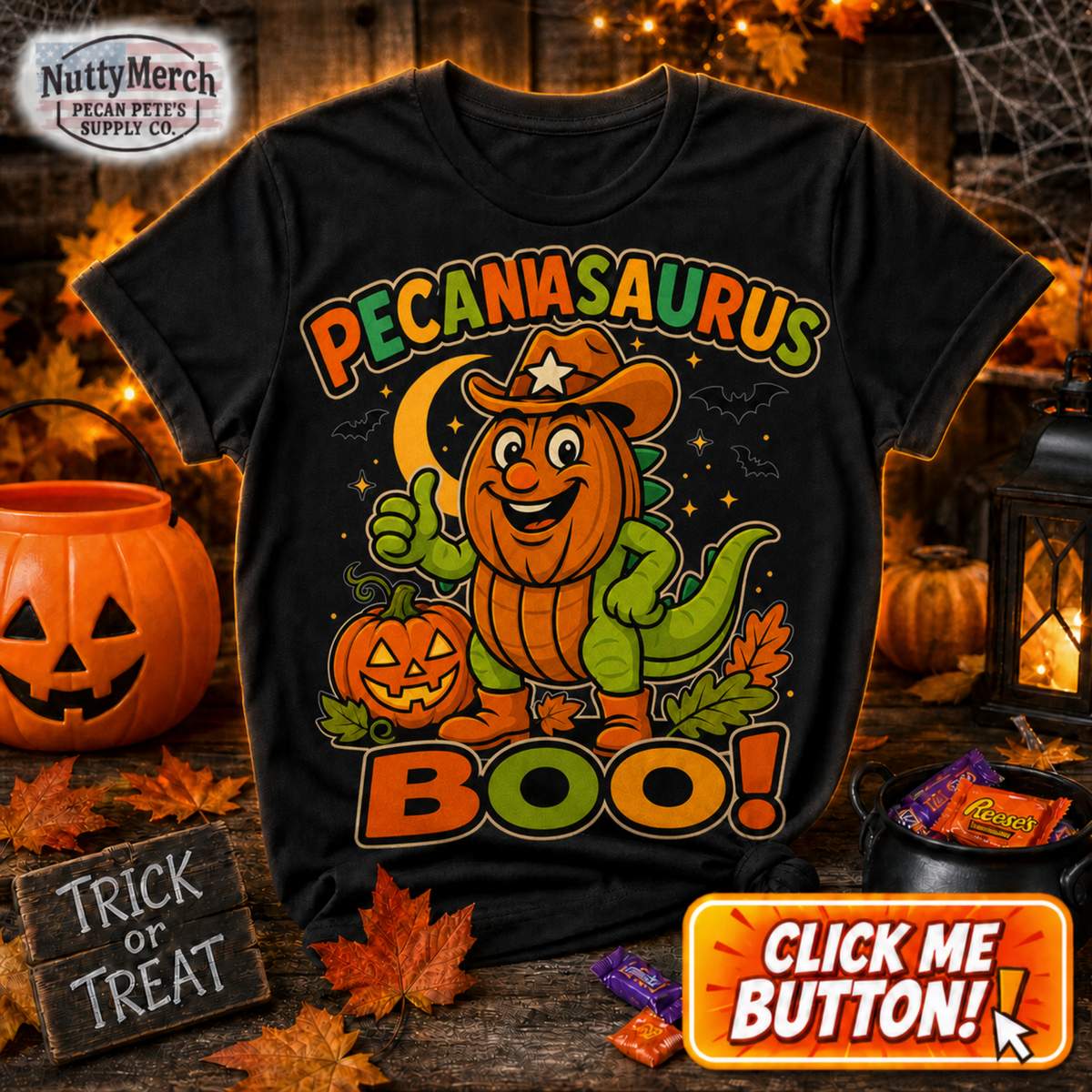 A black short-sleeve graphic T-shirt displayed in a Halloween-themed scene. The shirt features a colorful cartoon design of a smiling pumpkin-headed dinosaur wearing a cowboy hat, with the text 'PECANSAURUS' above and 'BOO!' below.