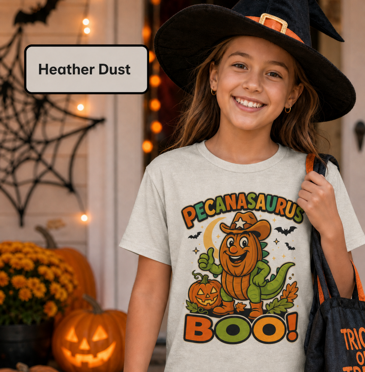 A smiling young girl in a witch hat wears a light heather dust graphic T-shirt with a colorful 'Pecanasaurus BOO!' design. She is posed outdoors in a Halloween setting with pumpkins, spiderwebs, and warm string lights.