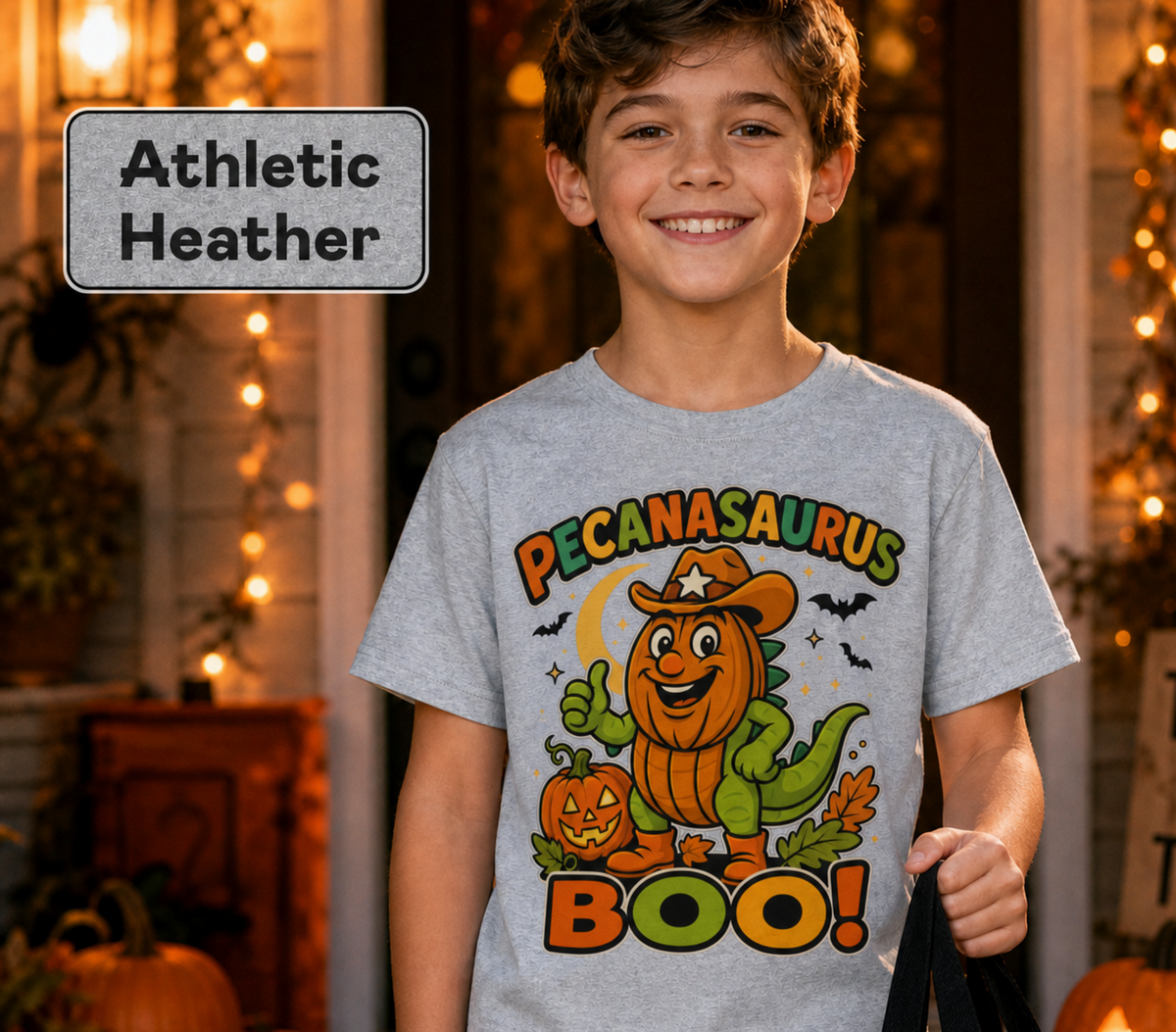 Boo! - Rex Halloween Youth Tee | Spooky Dino Pecan Shirt | Funny Kids Autumn T-Shirt | Halloween Kids Shirt | NuttyMerch