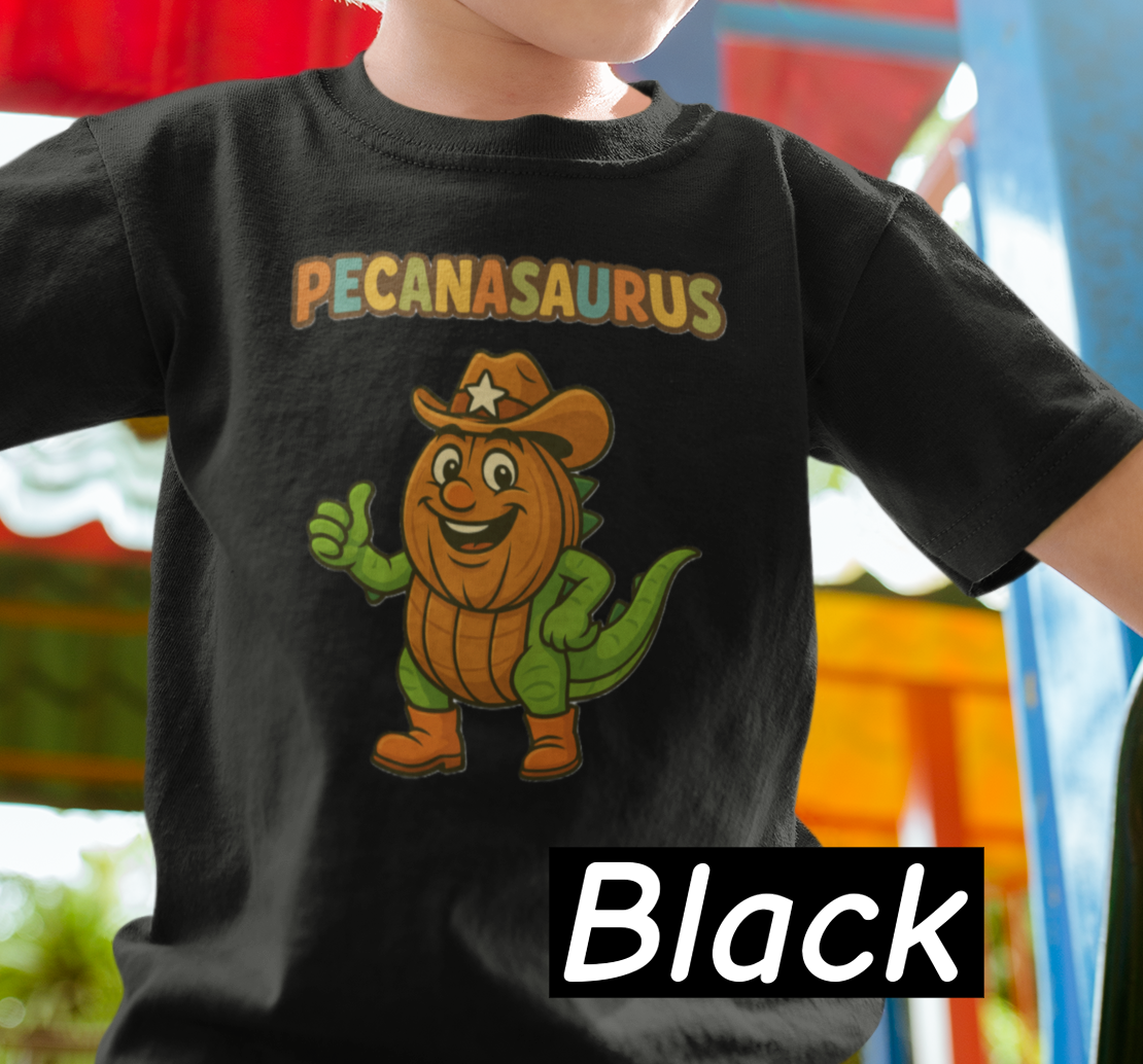 “Colorful curved ‘Pecanasaurus’ text in playful multicolor letters designed for a kids dinosaur-themed t-shirt.”