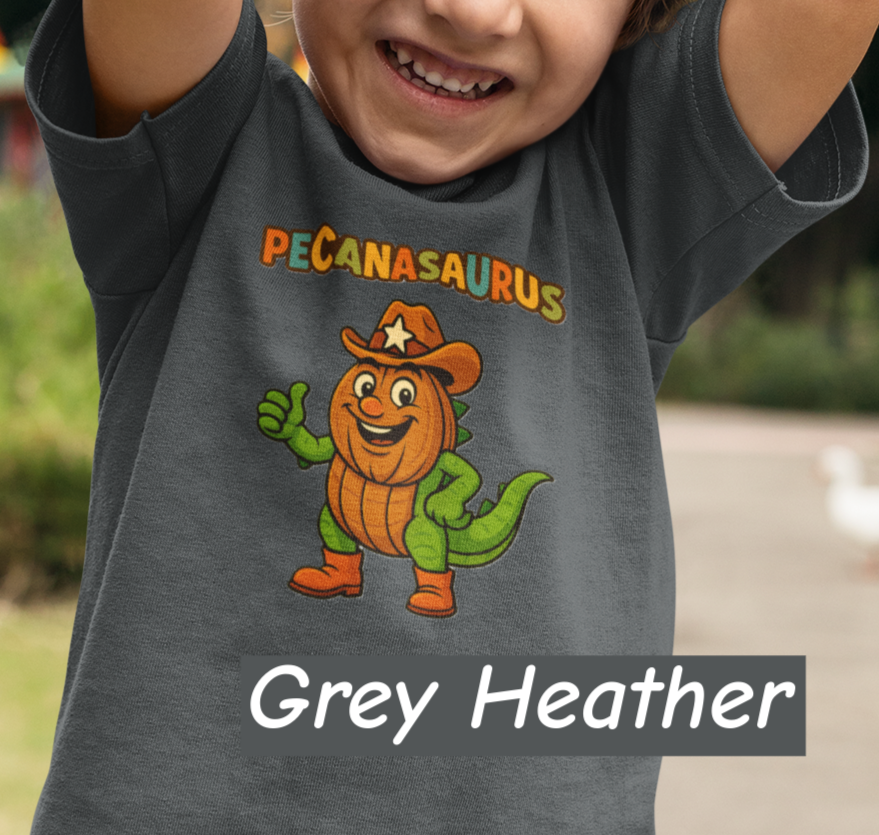 “Grey curved ‘Pecanasaurus’ text in playful multicolor letters designed for a kids dinosaur-themed t-shirt.”