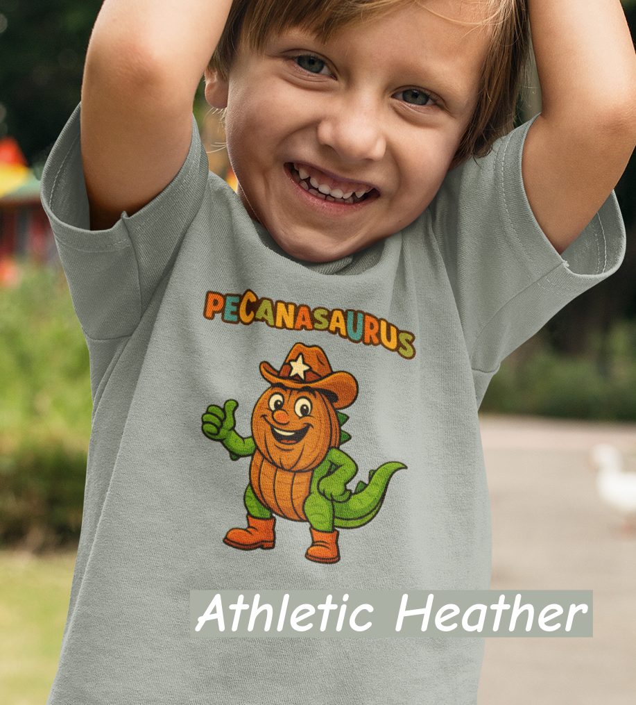 “Athletic curved ‘Pecanasaurus’ text in playful multicolor letters designed for a kids dinosaur-themed t-shirt.”