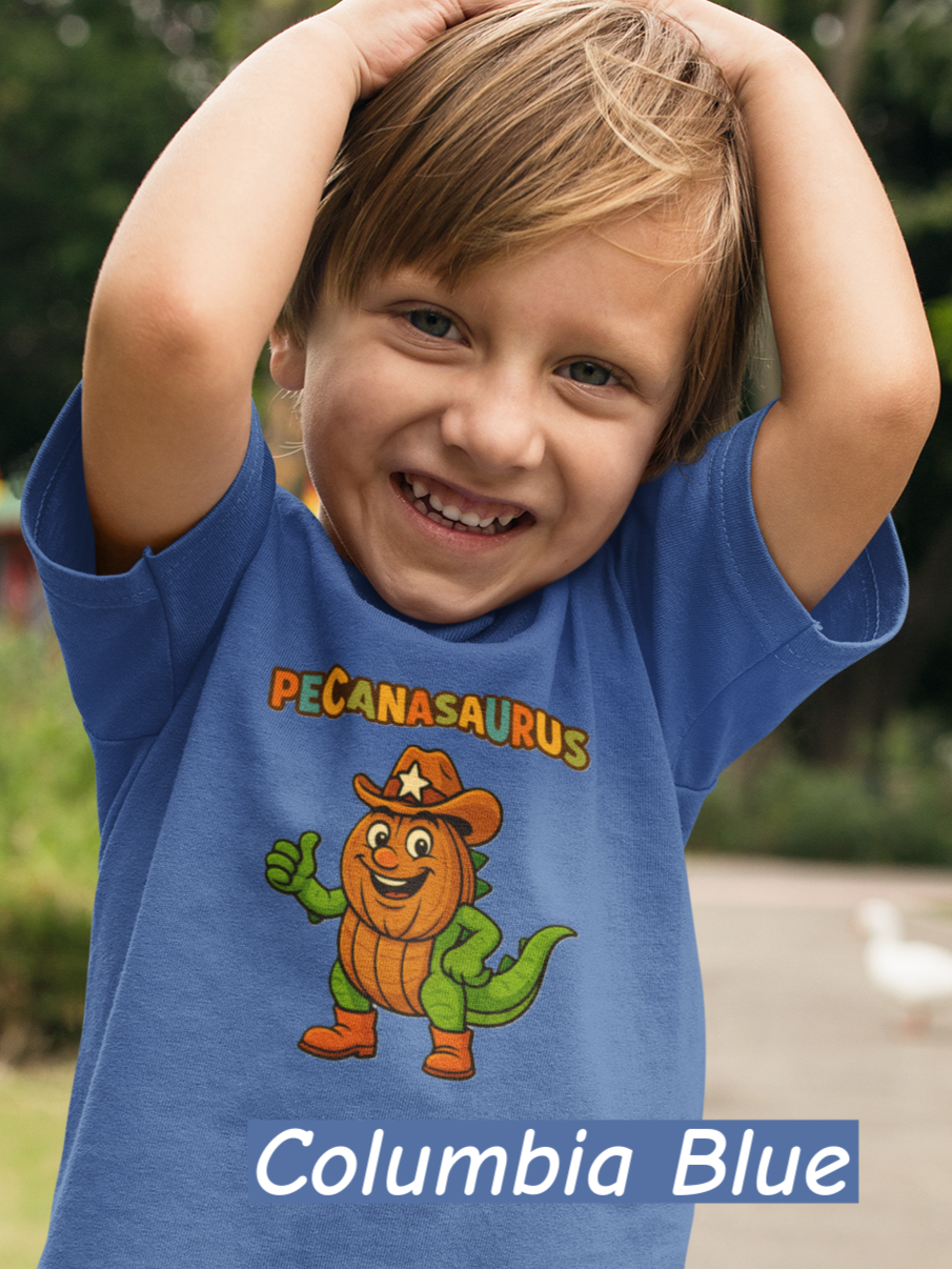 “Greyl curved ‘Pecanasaurus’ text in playful multicolor letters designed for a kids dinosaur-themed t-shirt.”