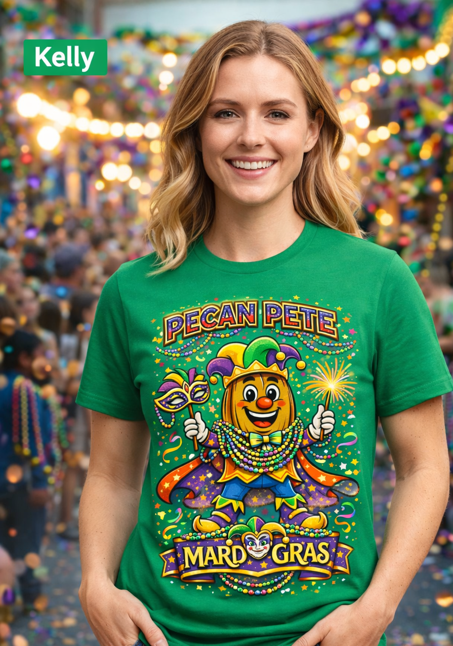 Smiling model wearing a colorful Mardi Gras Pecan Pete graphic T-shirt, featuring a festive jester pecan character with beads, mask, sparkler, and parade confetti, photographed against a lively Mardi Gras celebration background.