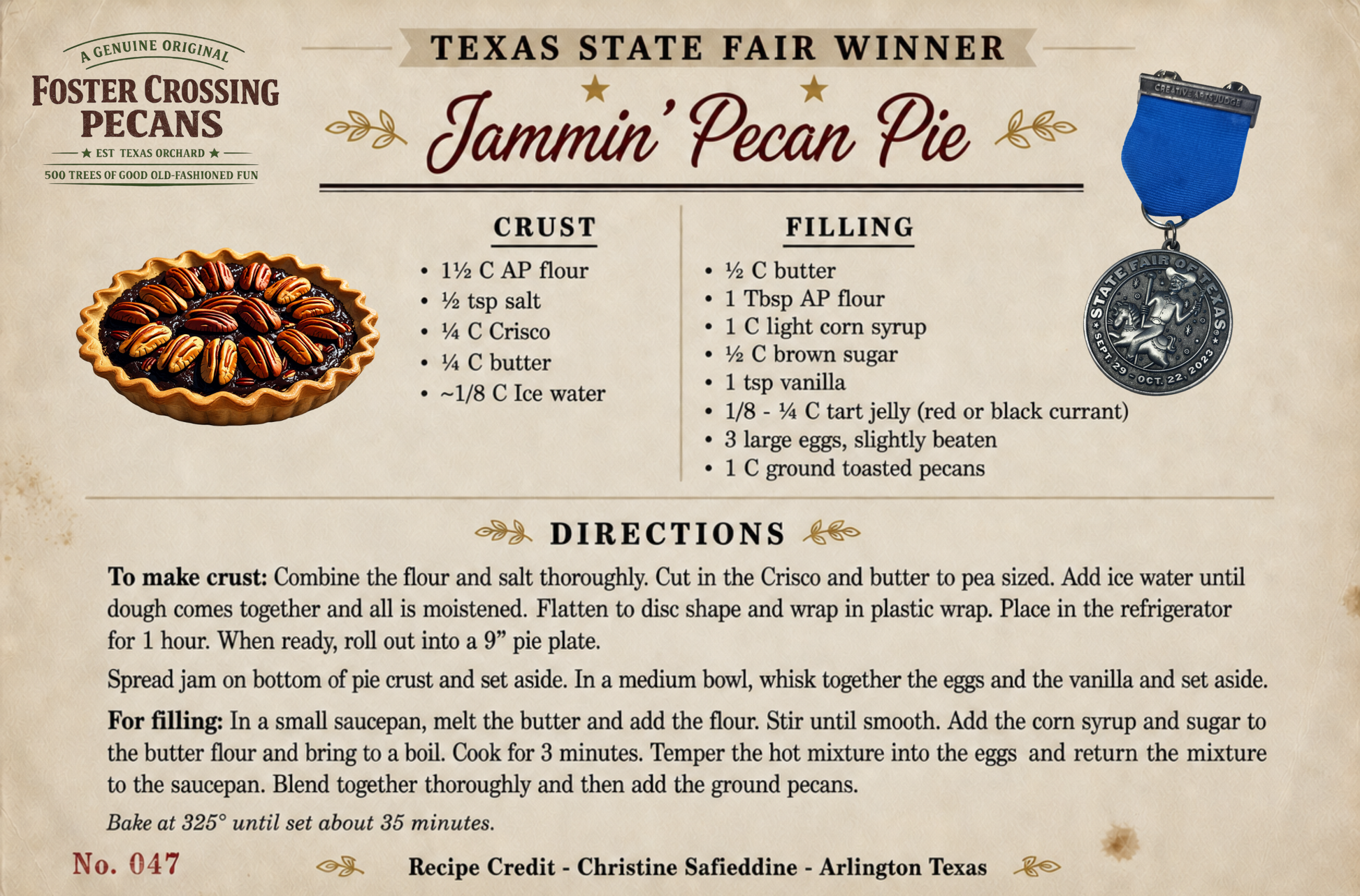 Printable Texas State Fair Winning Pecan Pie Recipe Card | PDF & PNG Digital Download