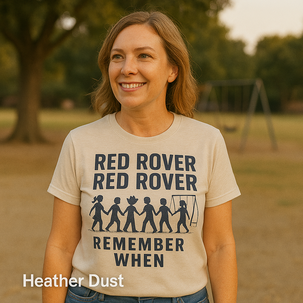 Woman wearing a Bella+Canvas 3001 Heather Dust t-shirt with vintage Red Rover playground design, NuttyMerch nostalgia collection.”