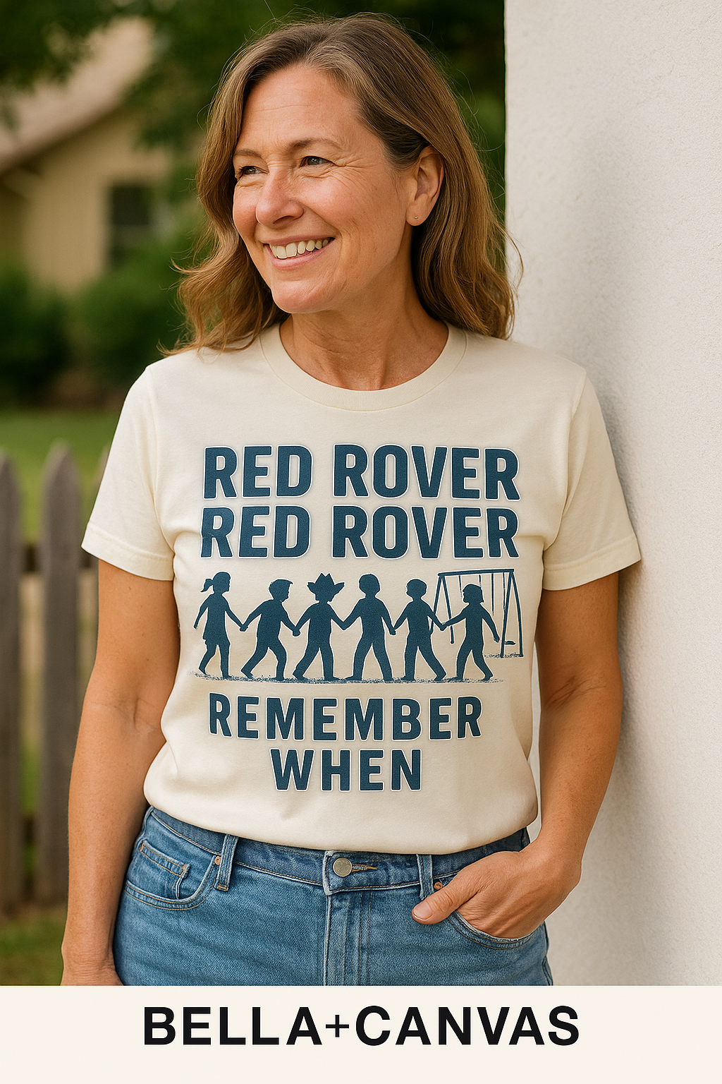 Woman wearing a Bella+Canvas 3001 Athletic Heather t-shirt with vintage Red Rover playground design, NuttyMerch nostalgia collection.”