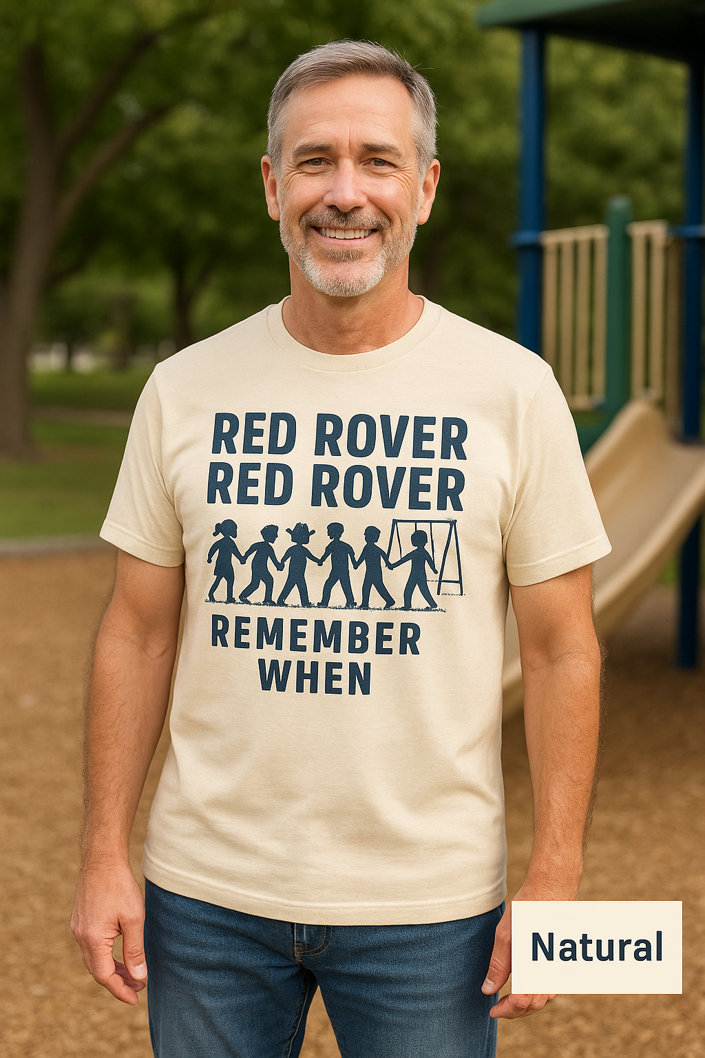 Handsome Man wearing a Bella+Canvas 3001 Athletic Natural t-shirt with vintage Red Rover playground design, NuttyMerch nostalgia collection.”
