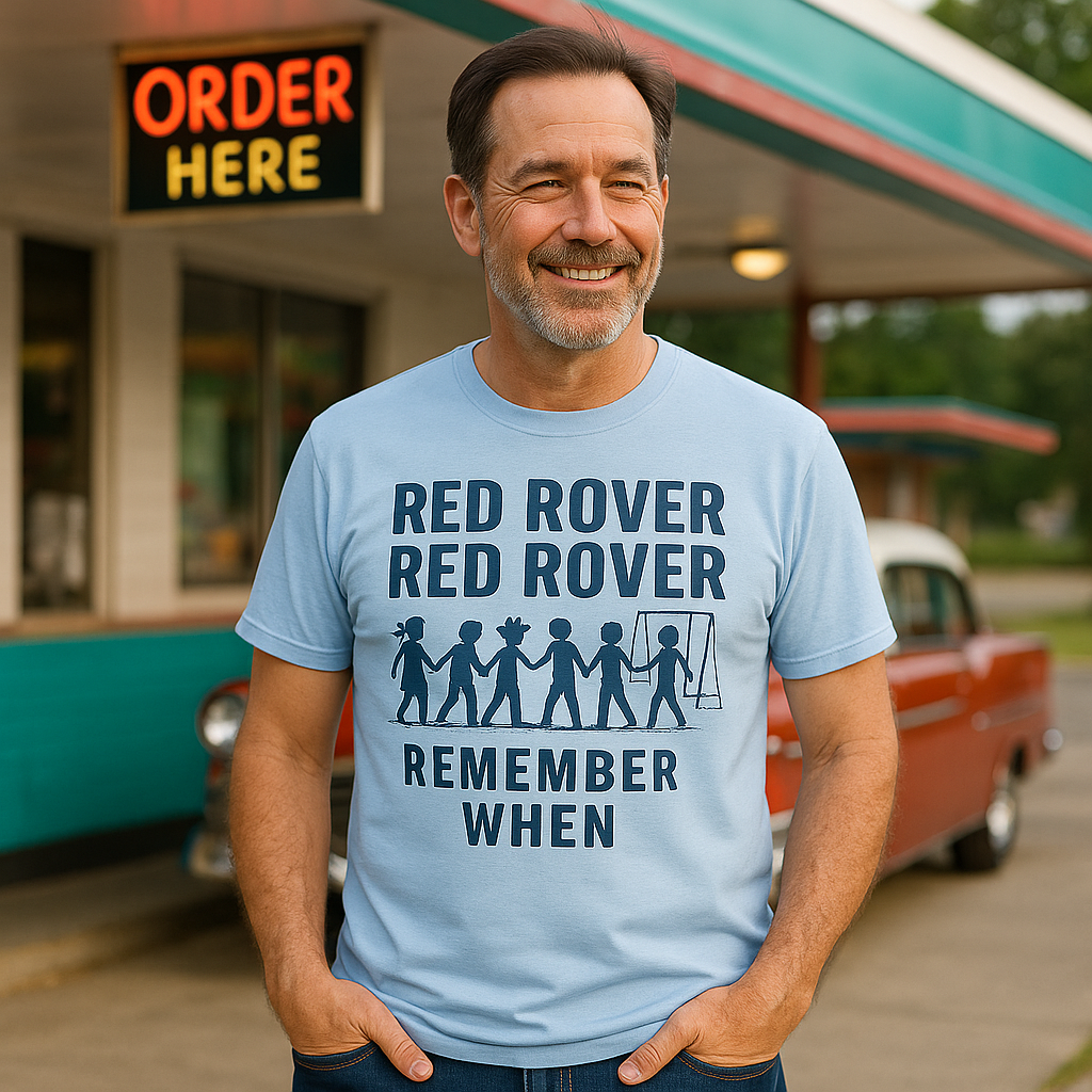 Handsome Man wearing a Bella+Canvas 3001 LIght Blue t-shirt with vintage Red Rover playground design, NuttyMerch nostalgia collection.”
