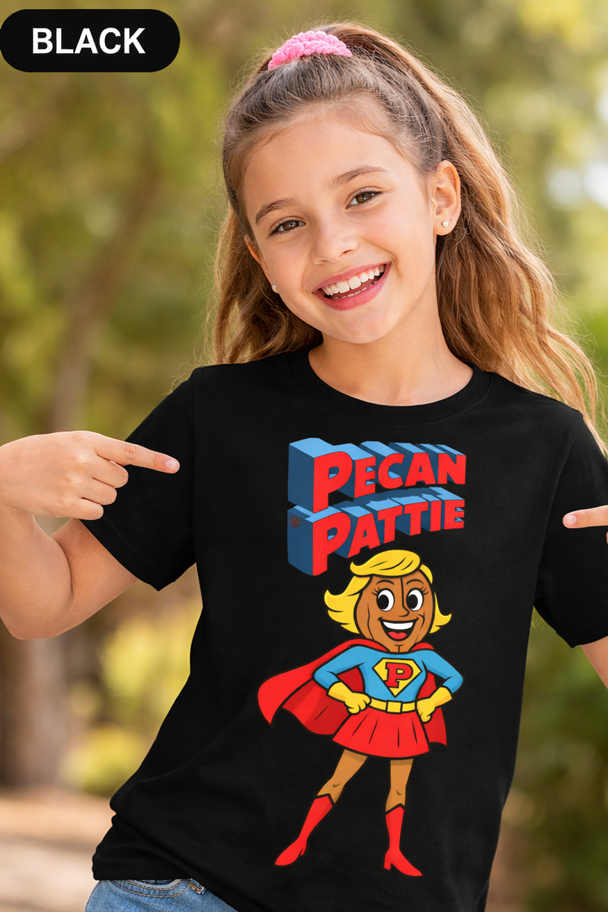 Happy girl modeling a Bella+Canva youth T-shirt featuring the Super Pecan Pattie cartoon superhero design, pointing at the graphic with an outdoor background.