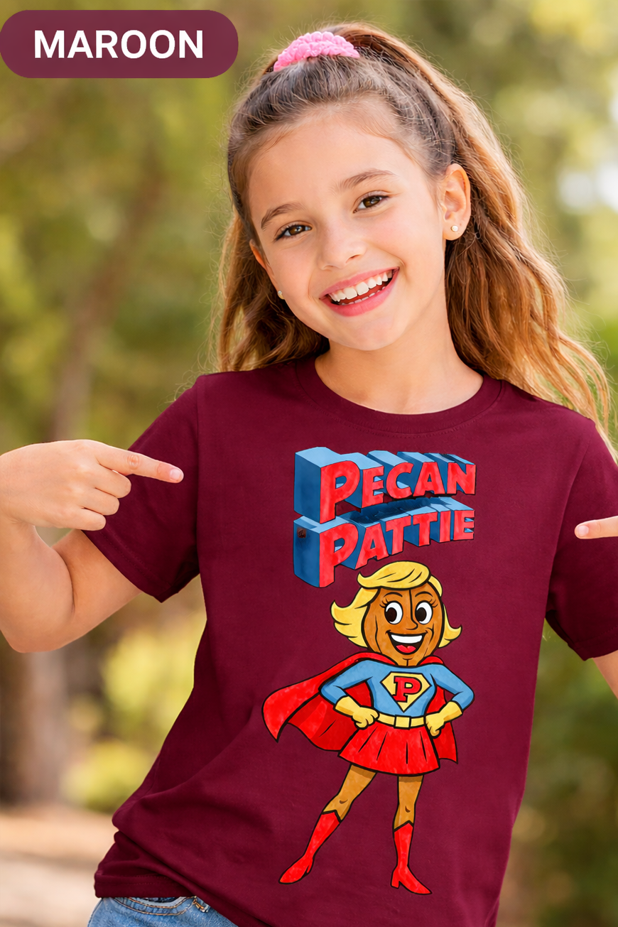 Happy girl modeling a Bella+Canva youth T-shirt featuring the Super Pecan Pattie cartoon superhero design, pointing at the graphic with an outdoor background.