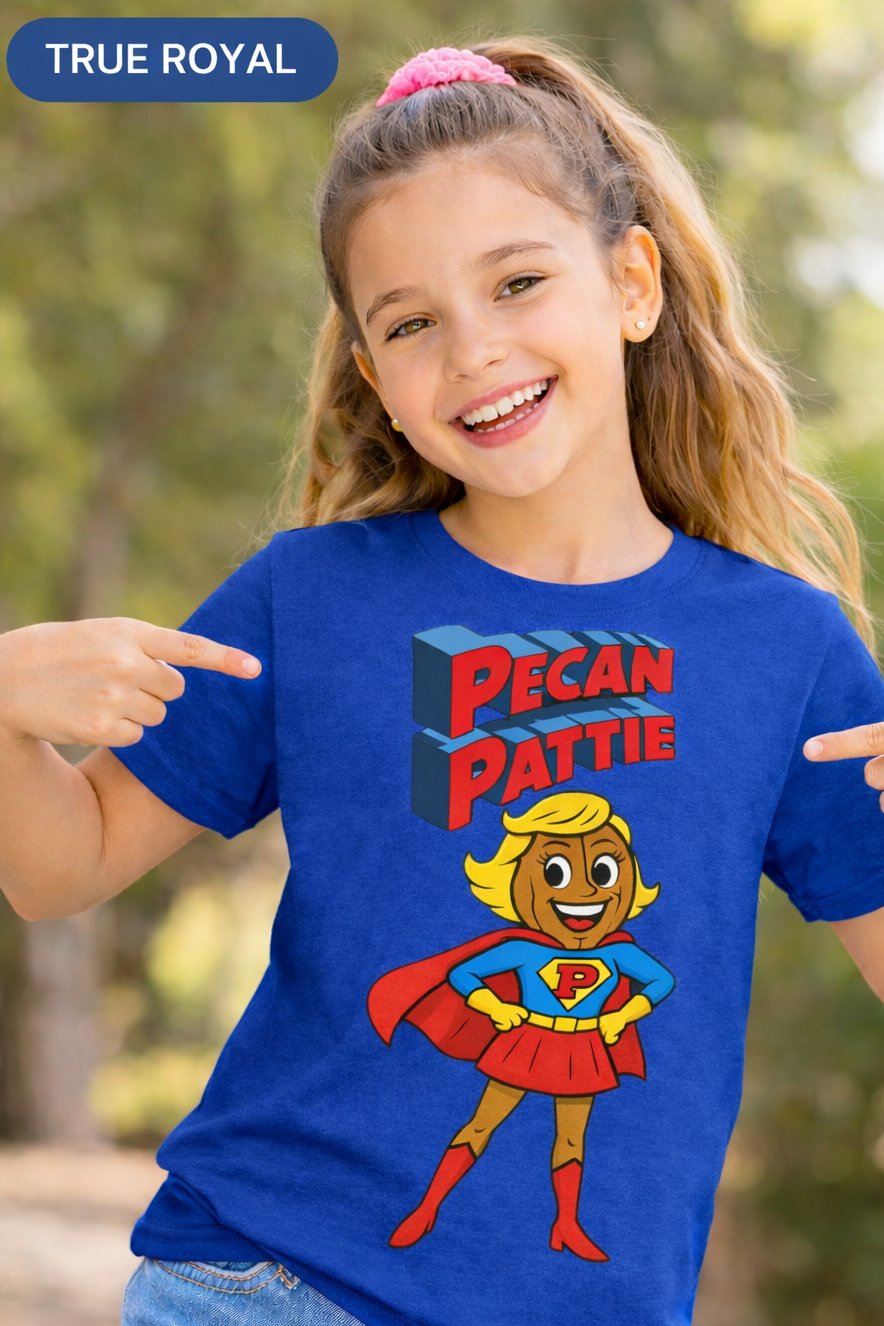 Happy girl modeling a Bella+Canva youth T-shirt featuring the Super Pecan Pattie cartoon superhero design, pointing at the graphic with an outdoor background.