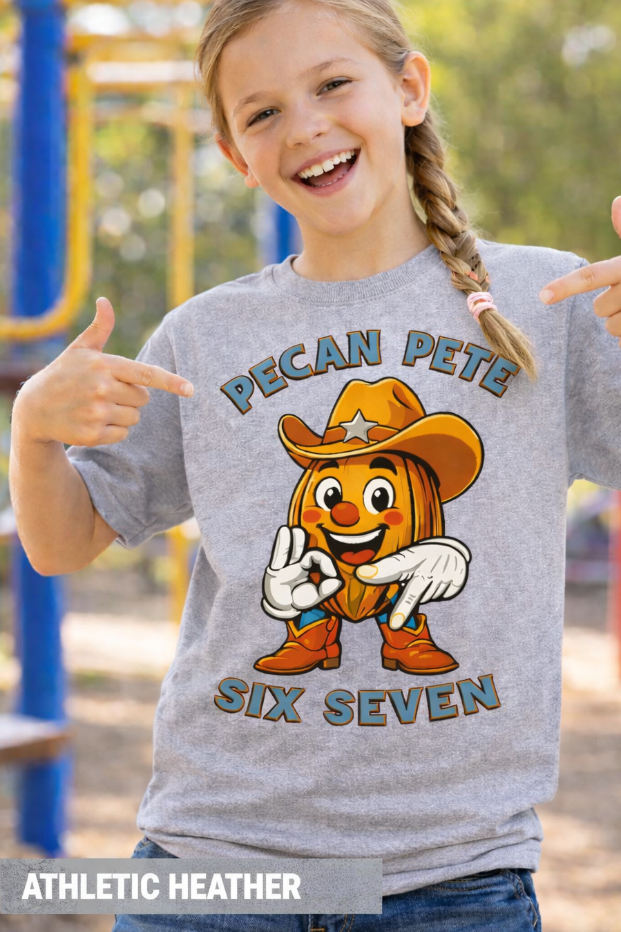 Girl Kids Pecan Pete Six Seven hand sign graphic tee shirt mockup on child model outdoors.
