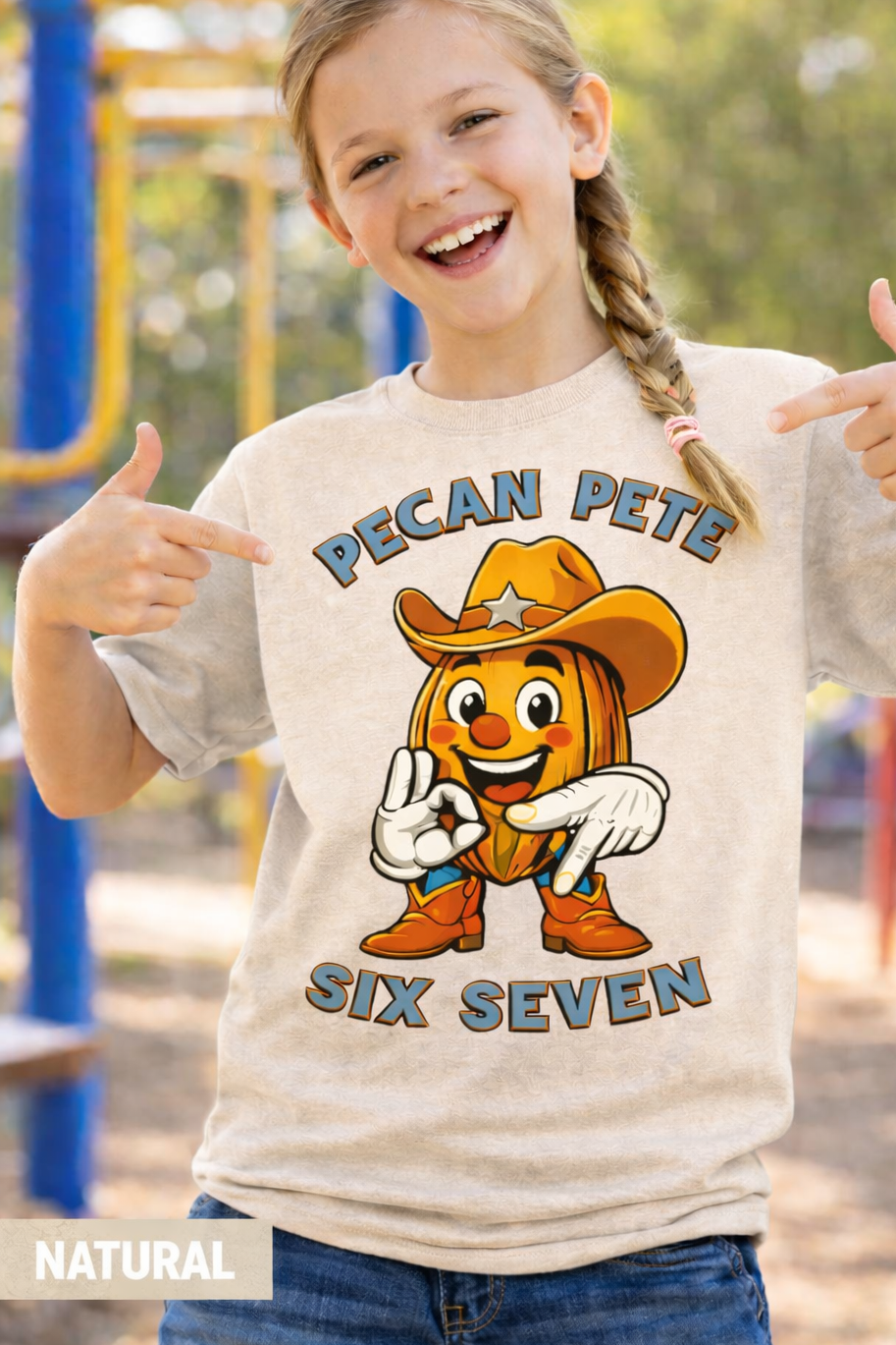 Girl Kids Pecan Pete Six Seven hand sign graphic tee shirt mockup on child model outdoors.