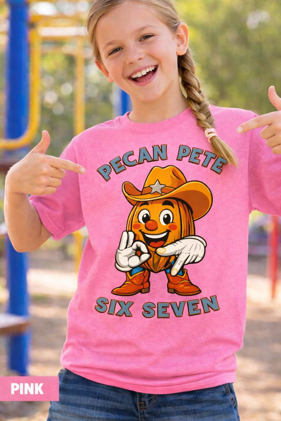 Girl Kids Pecan Pete Six Seven hand sign graphic tee shirt mockup on child model outdoors.