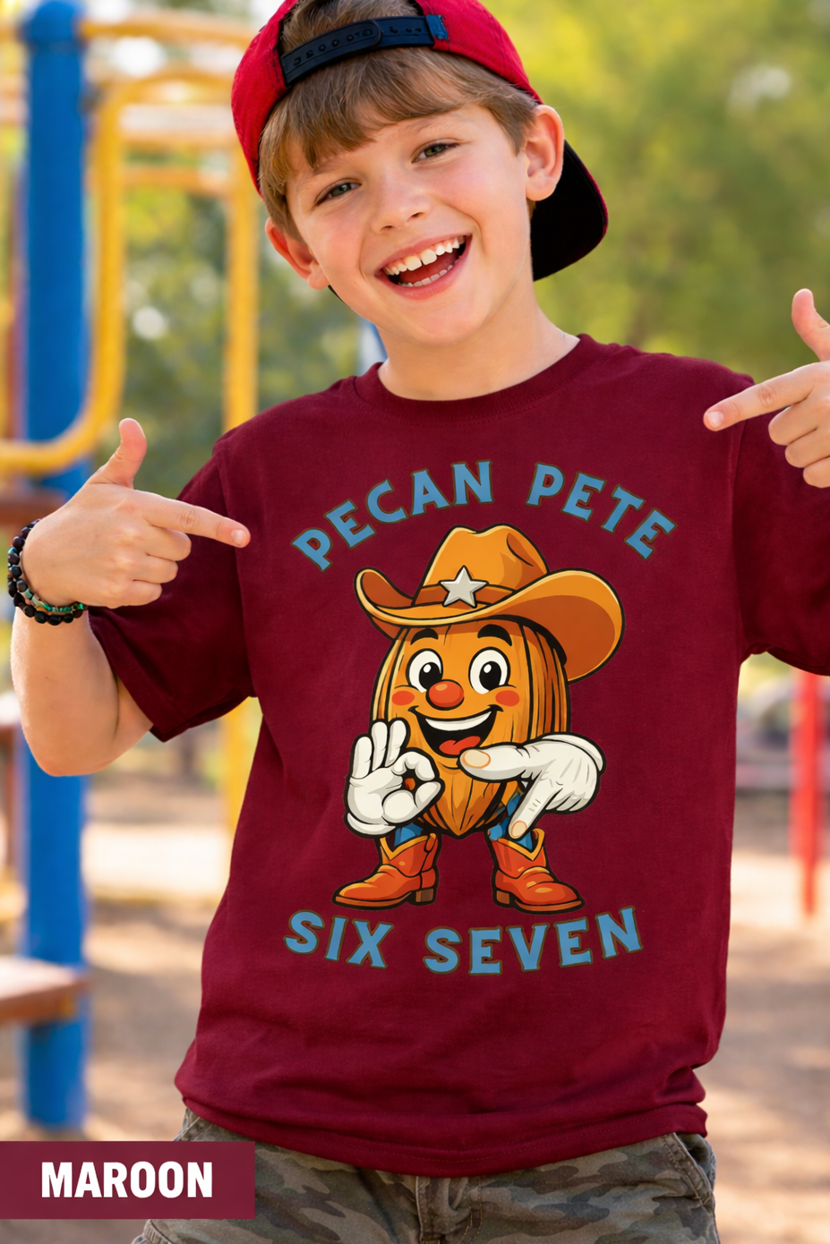 Kids Pecan Pete Six Seven hand sign graphic tee shirt mockup on child model outdoors.