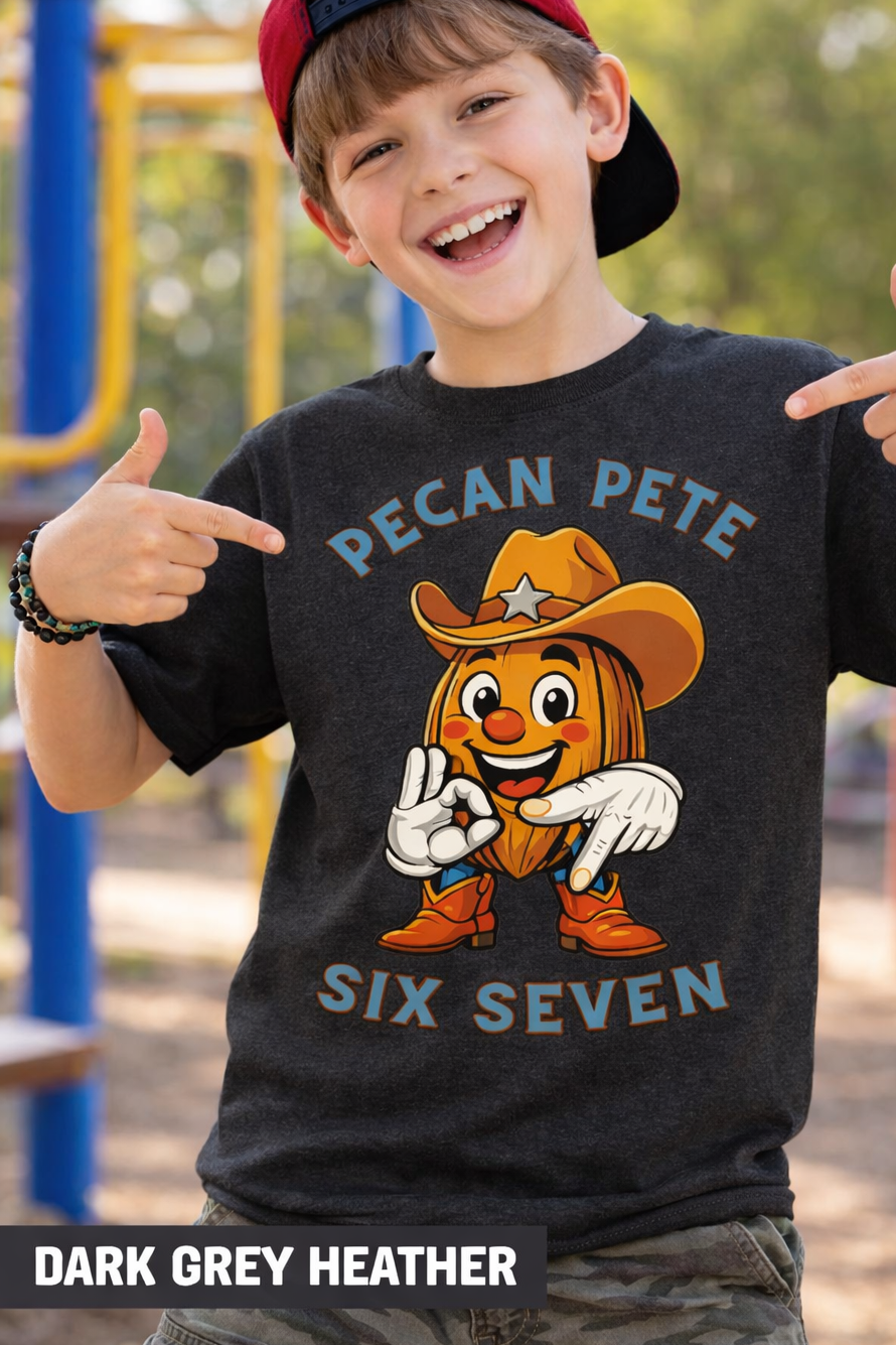 Kids Pecan Pete Six Seven hand sign graphic tee shirt mockup on child model outdoors.