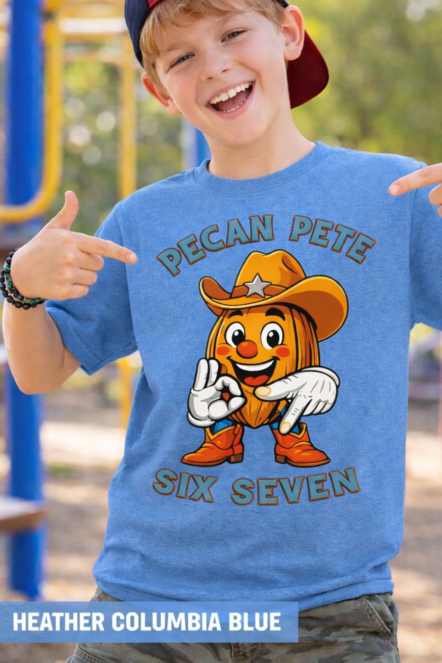 Kids Pecan Pete Six Seven hand sign graphic tee shirt mockup on child model outdoors.