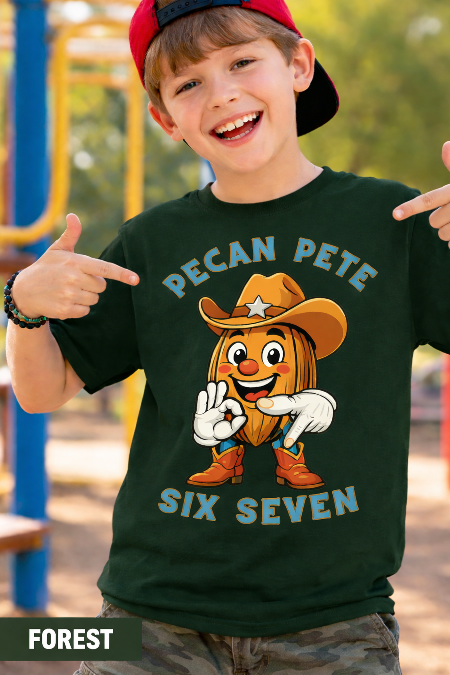 Kids Pecan Pete Six Seven hand sign graphic tee shirt mockup on child model outdoors.