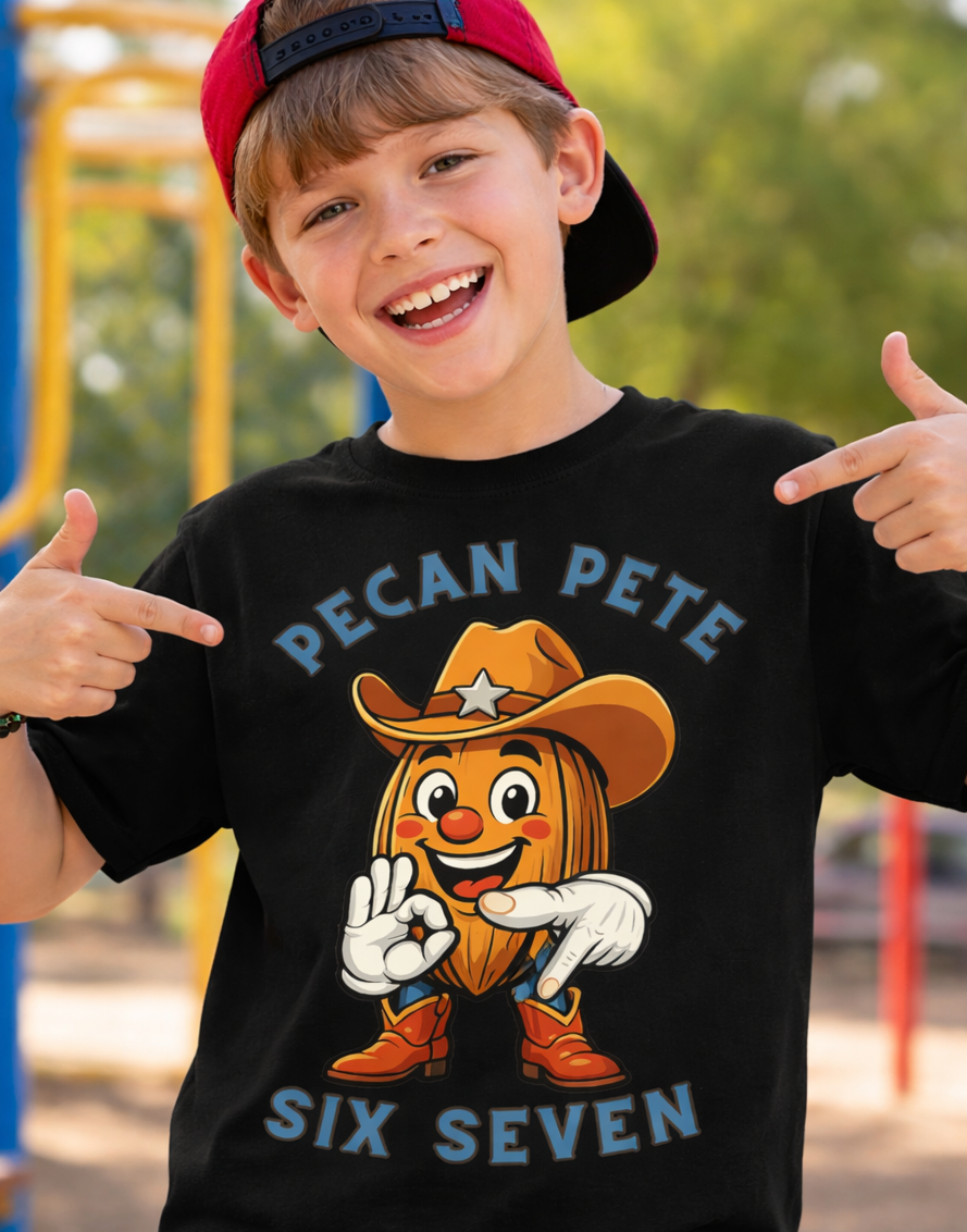 Kids Pecan Pete Six Seven hand sign graphic tee shirt mockup on child model outdoors.