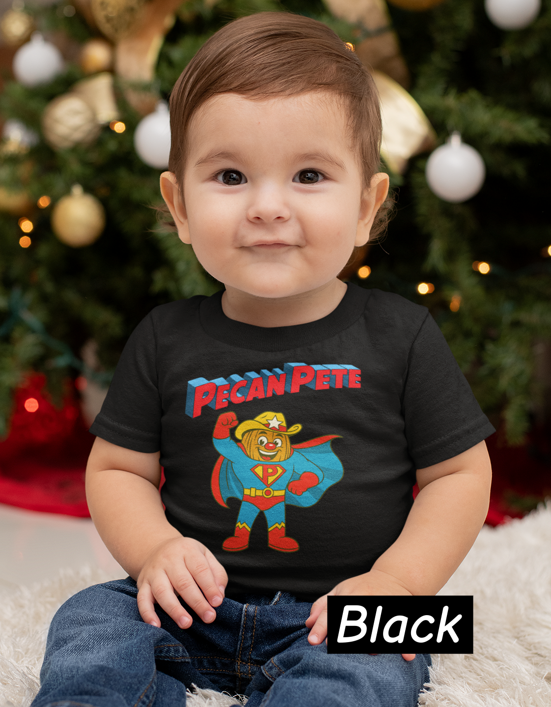 “Super Pecan Pete cartoon superhero in red cape and cowboy hat printed on soft toddler tee – NuttyMerch Hero Series retro comic design.