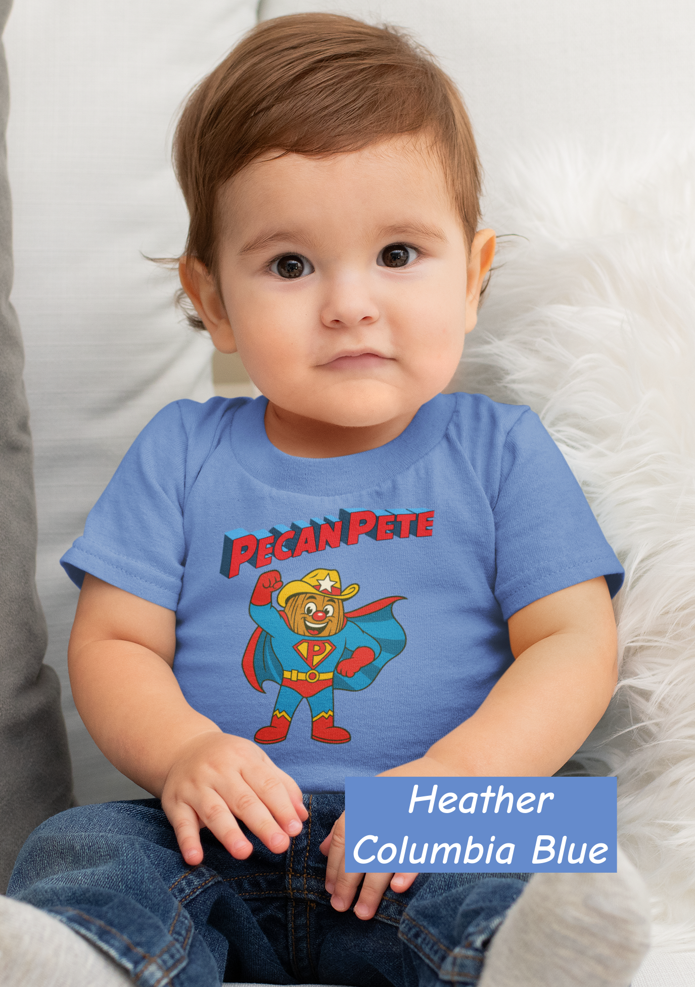 “Super Pecan Pete cartoon superhero in red cape and cowboy hat printed on soft toddler tee – NuttyMerch Hero Series retro comic design.