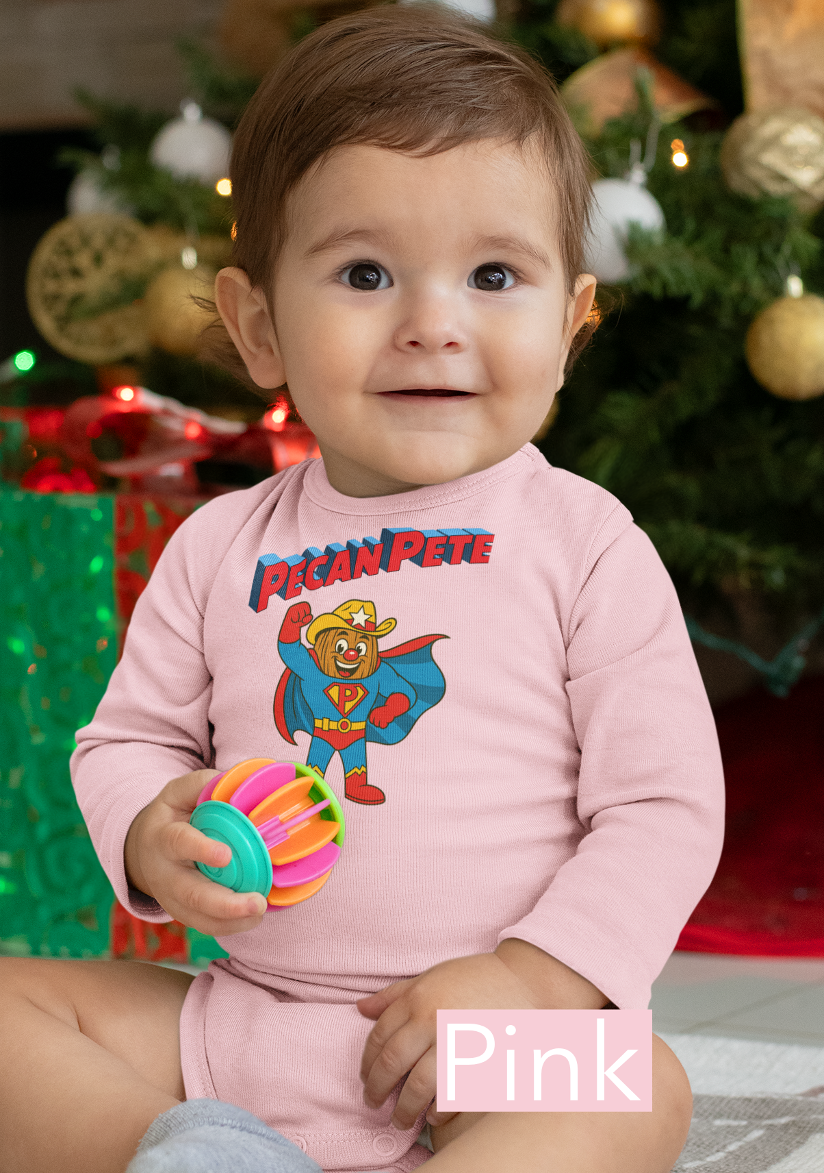 “Super Pecan Pete cartoon superhero in red cape and cowboy hat printed on soft toddler tee – NuttyMerch Hero Series retro comic design.