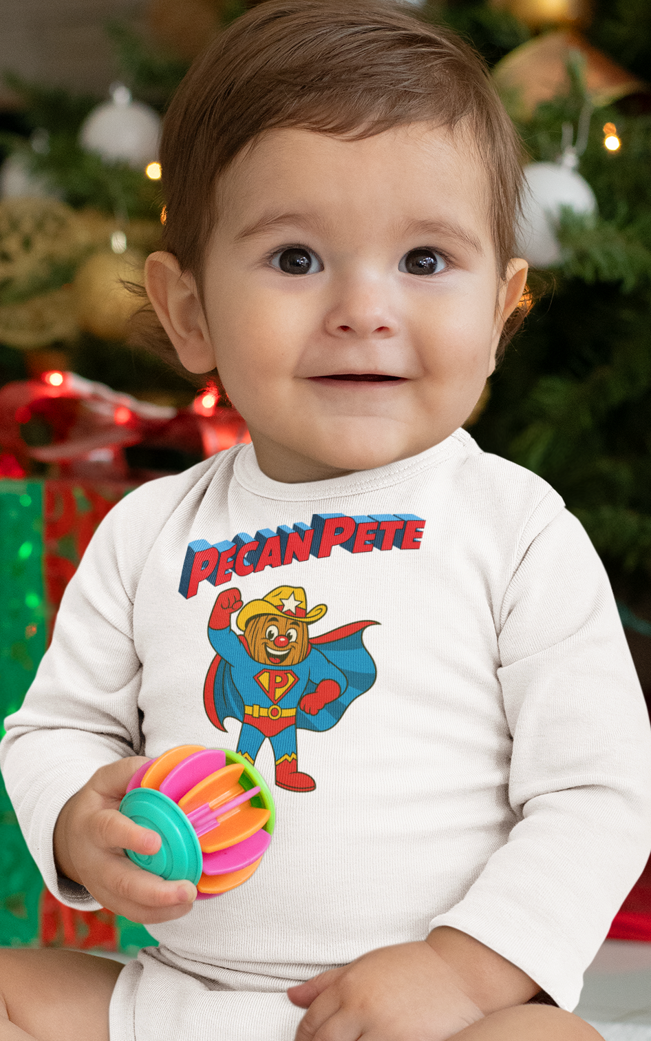 “Super Pecan Pete cartoon superhero in red cape and cowboy hat printed on soft toddler tee – NuttyMerch Hero Series retro comic design.