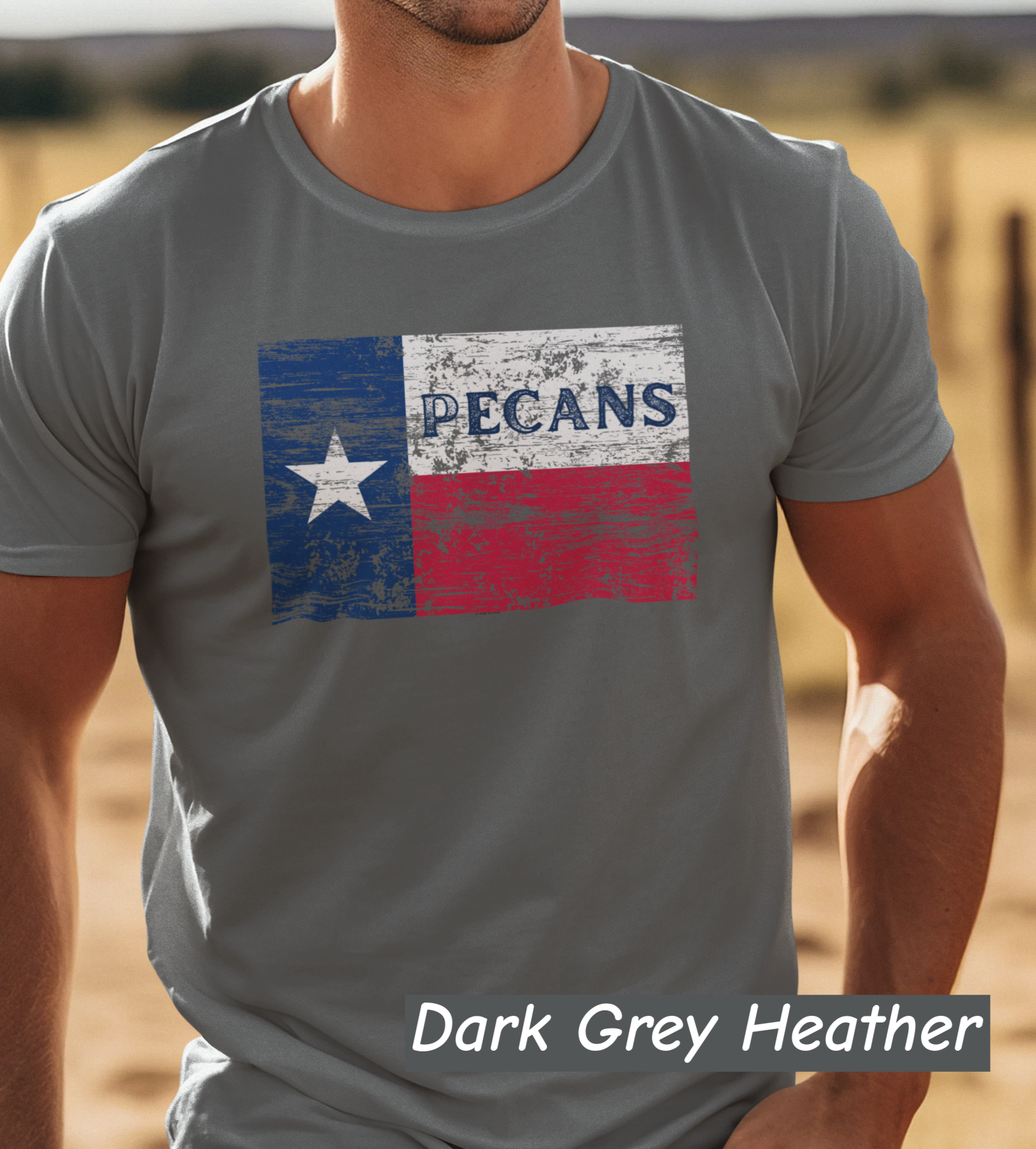 “Distressed Texas flag t-shirt with the word Pecans across the Lone Star stripe – Bella+Canvas 3001 unisex tee by NuttyMerch”