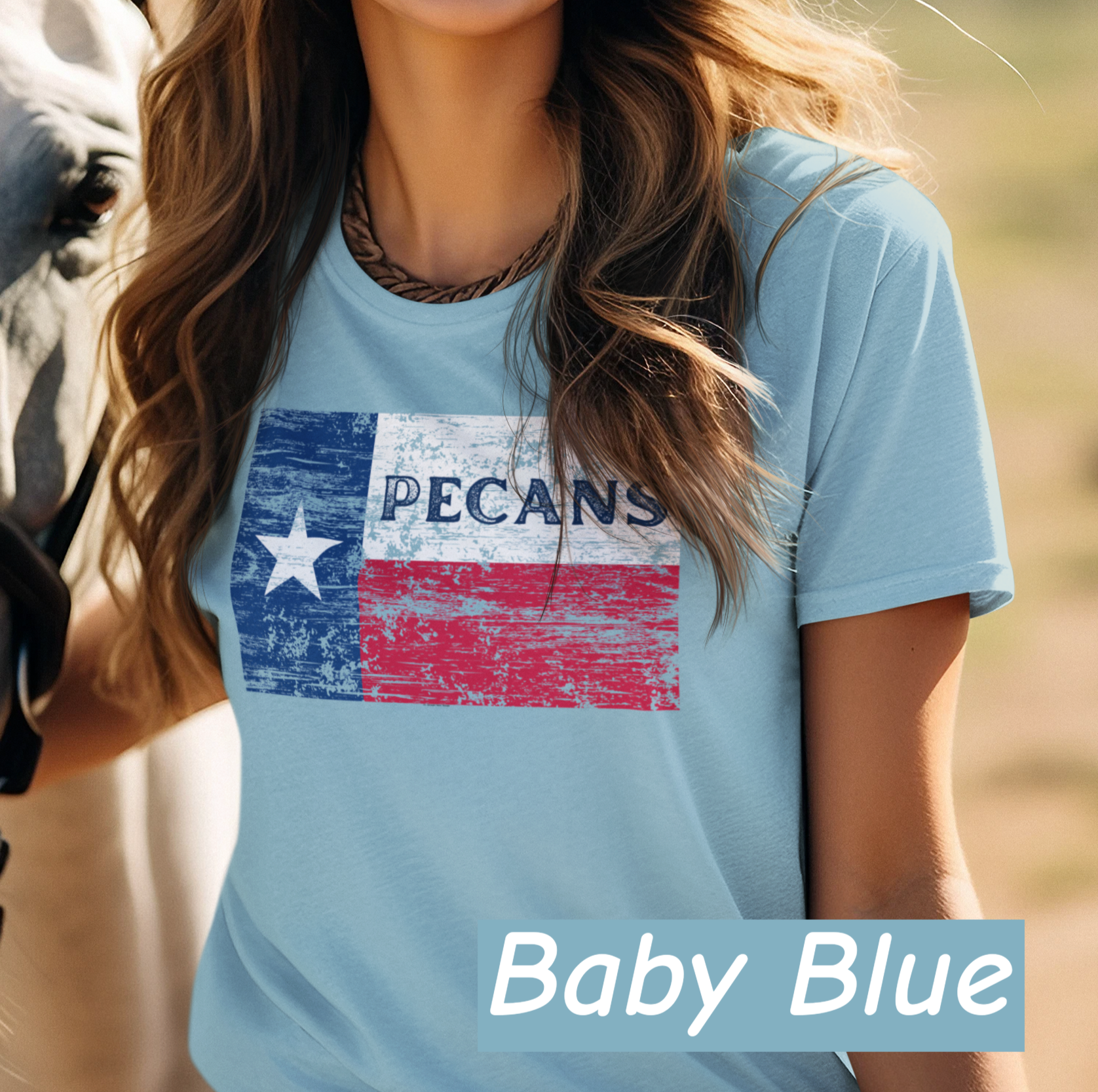 “Distressed Texas flag t-shirt with the word Pecans across the Lone Star stripe – Bella+Canvas 3001 unisex tee by NuttyMerch”