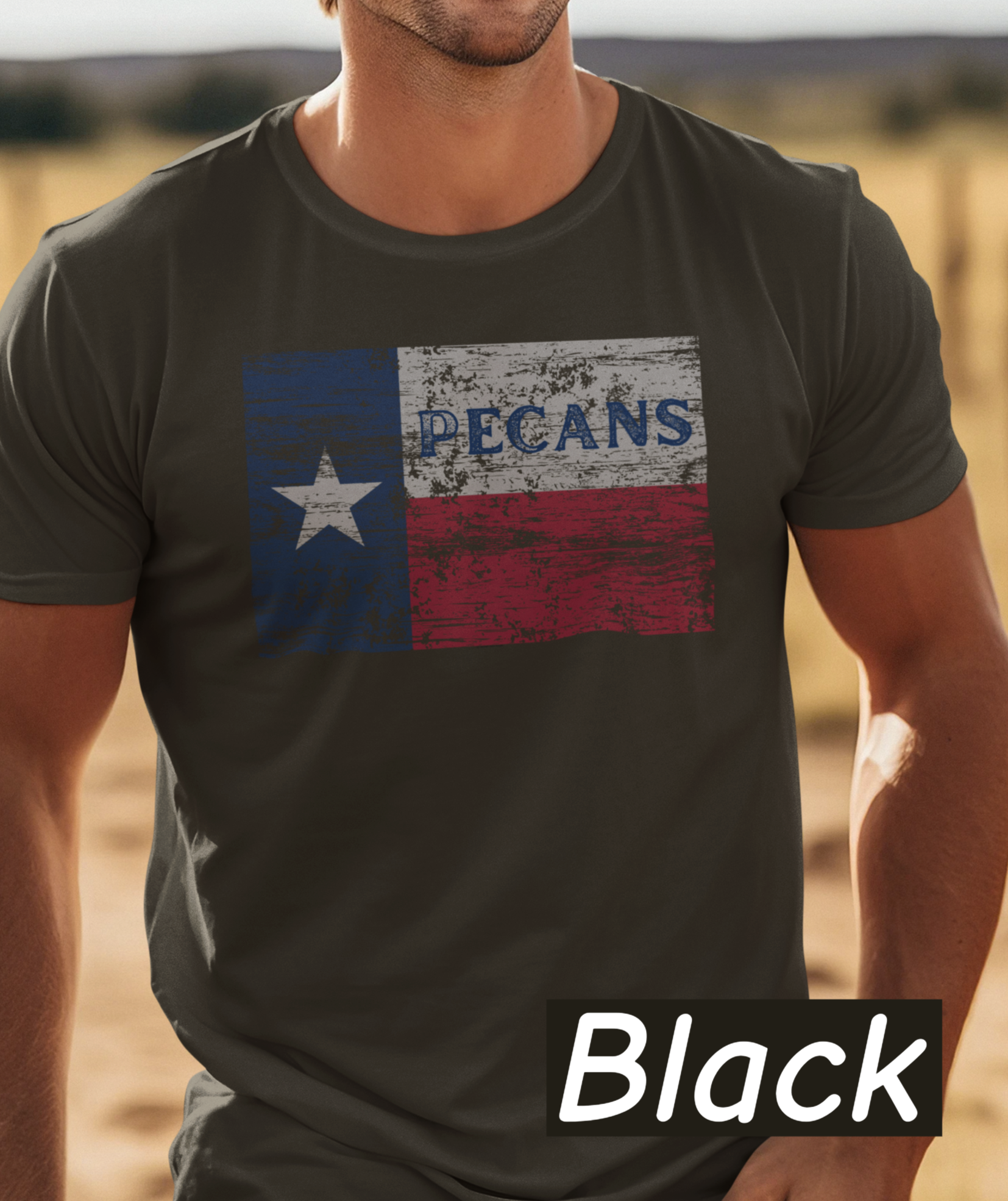 “Distressed Texas flag t-shirt with the word Pecans across the Lone Star stripe – Bella+Canvas 3001 unisex tee by NuttyMerch”