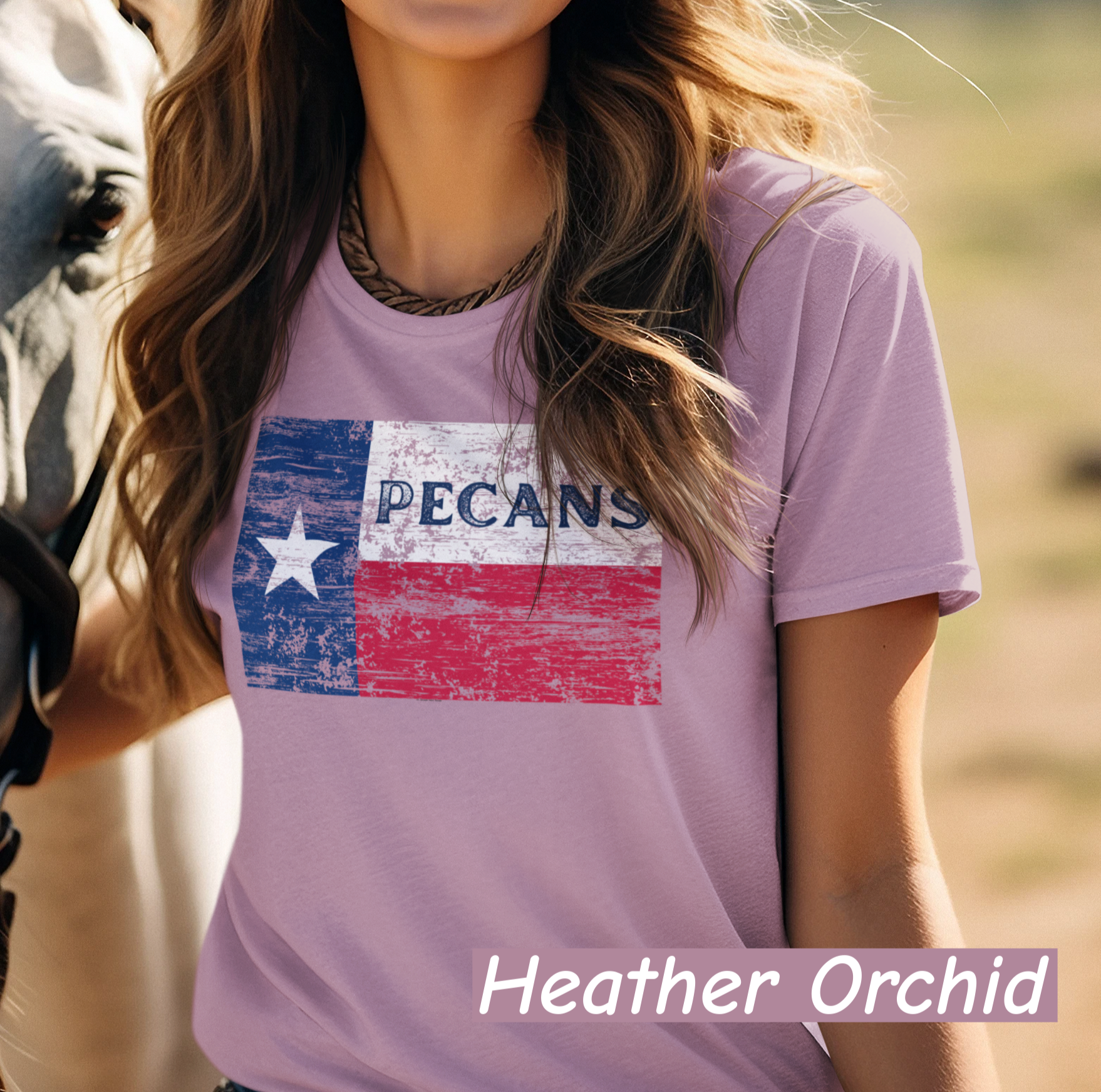 “Distressed Texas flag t-shirt with the word Pecans across the Lone Star stripe – Bella+Canvas 3001 unisex tee by NuttyMerch”