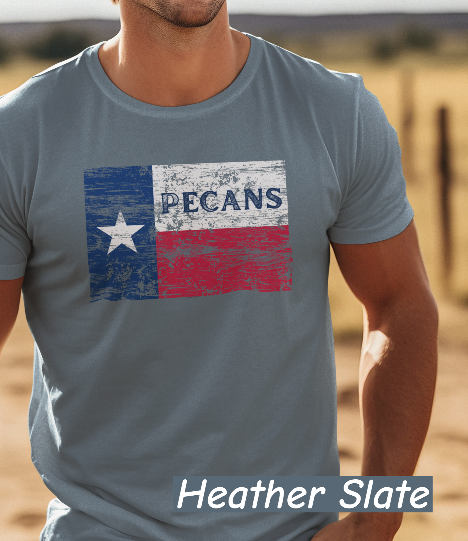 “Distressed Texas flag t-shirt with the word Pecans across the Lone Star stripe – Bella+Canvas 3001 unisex tee by NuttyMerch”