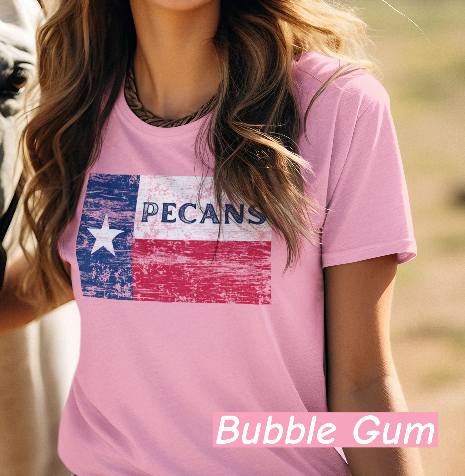 “Distressed Texas flag t-shirt with the word Pecans across the Lone Star stripe – Bella+Canvas 3001 unisex tee by NuttyMerch”
