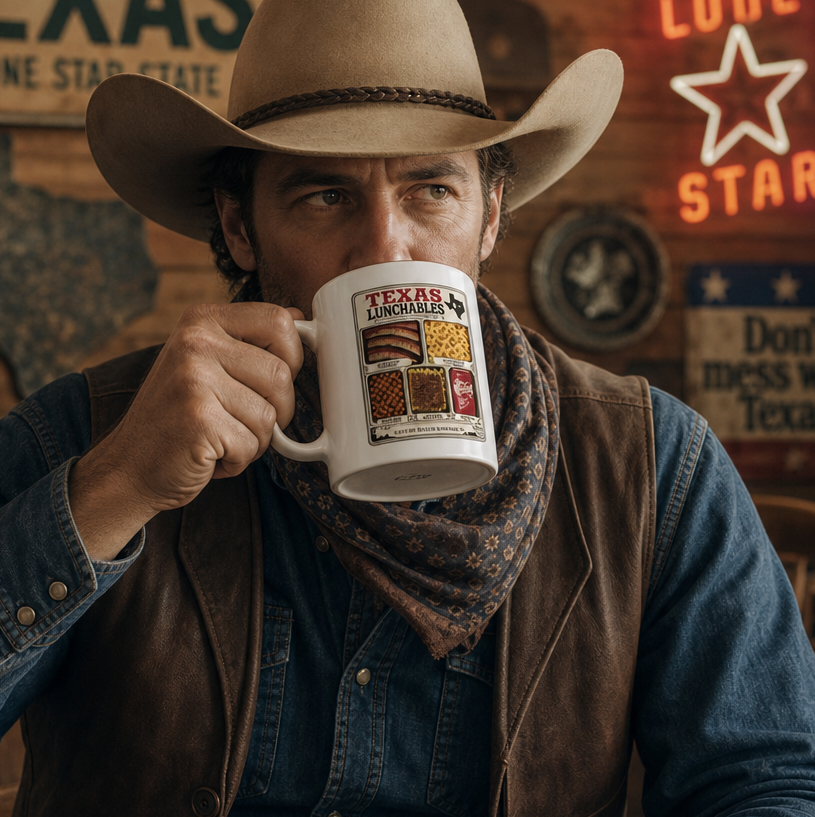 Texas Lunchables  - BBQ - Mac and Cheese - Pecan Pie - Baked Beans - Soda Pop - Mug