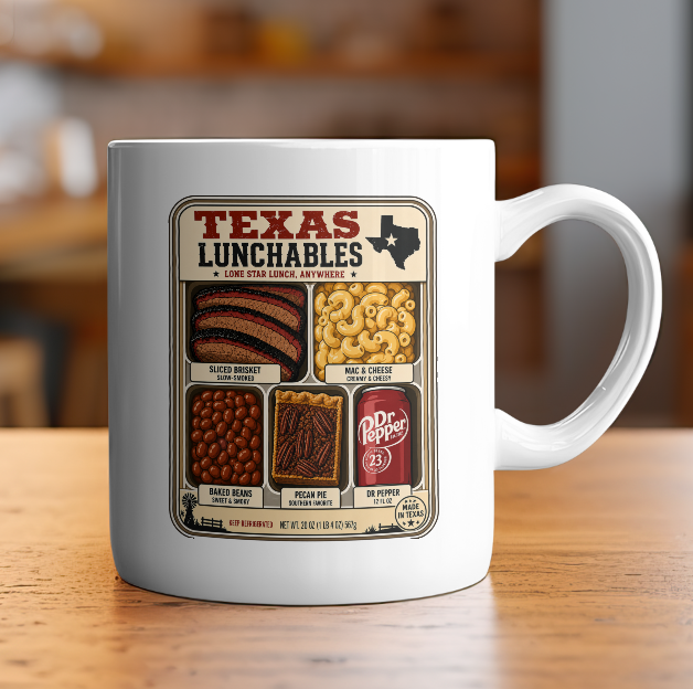 Texas Lunchables  - BBQ - Mac and Cheese - Pecan Pie - Baked Beans - Soda Pop - Mug