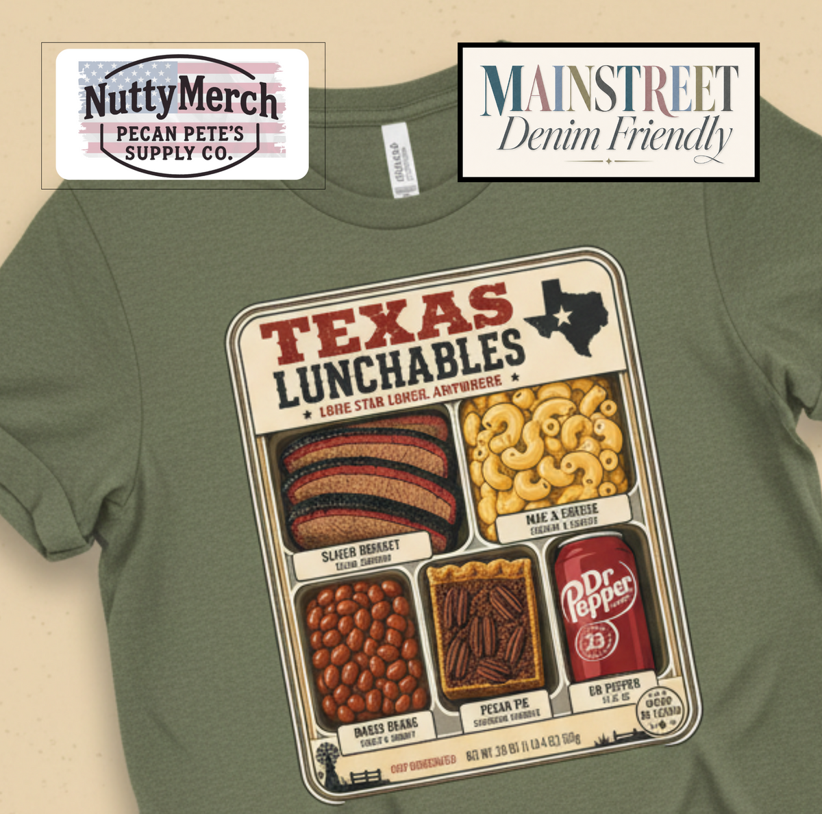 Vintage-style "Texas Lunchables" graphic tee illustrating a classic Texan BBQ meal with brisket, mac and cheese, pecan pie, beans, and a soft drink.