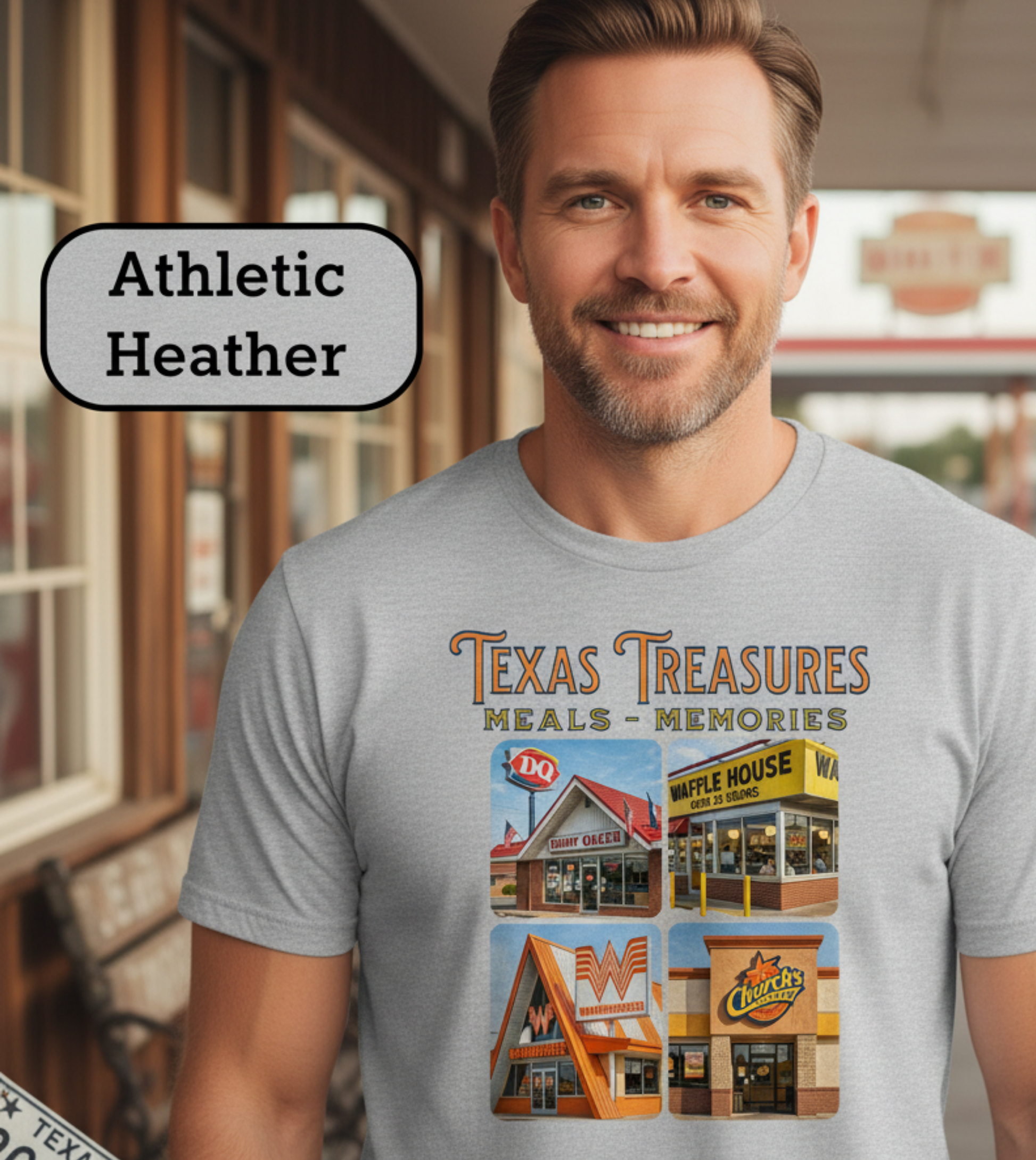 Lifestyle image of the Texas Treasures tee shirt worn during a road trip casual outing, capturing the essence of Texas pride."