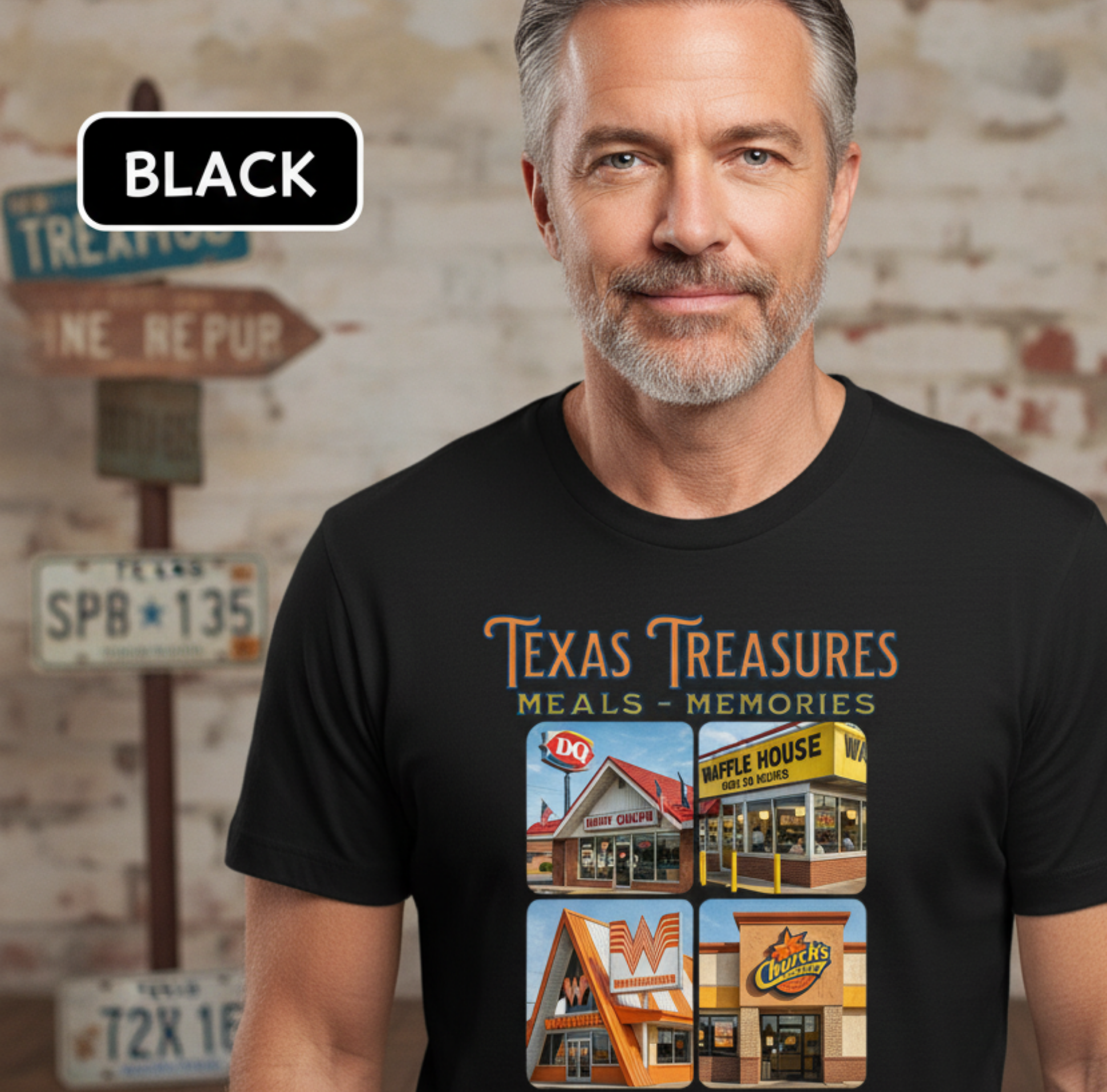Lifestyle image of the Texas Treasures tee shirt worn during a road trip casual outing, capturing the essence of Texas pride."