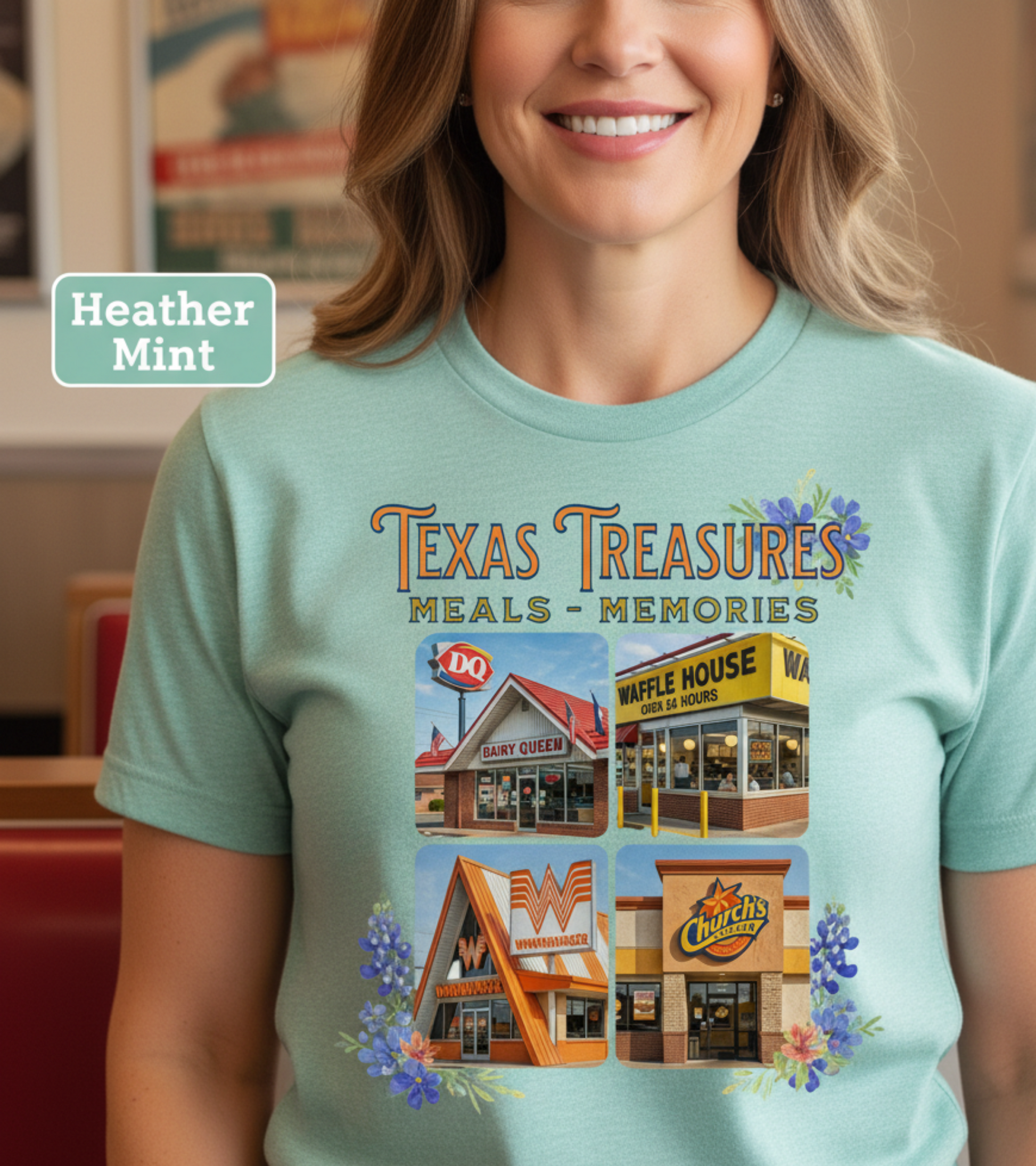 Lifestyle image of the Texas Treasures tee shirt worn during a road trip casual outing, capturing the essence of Texas pride."