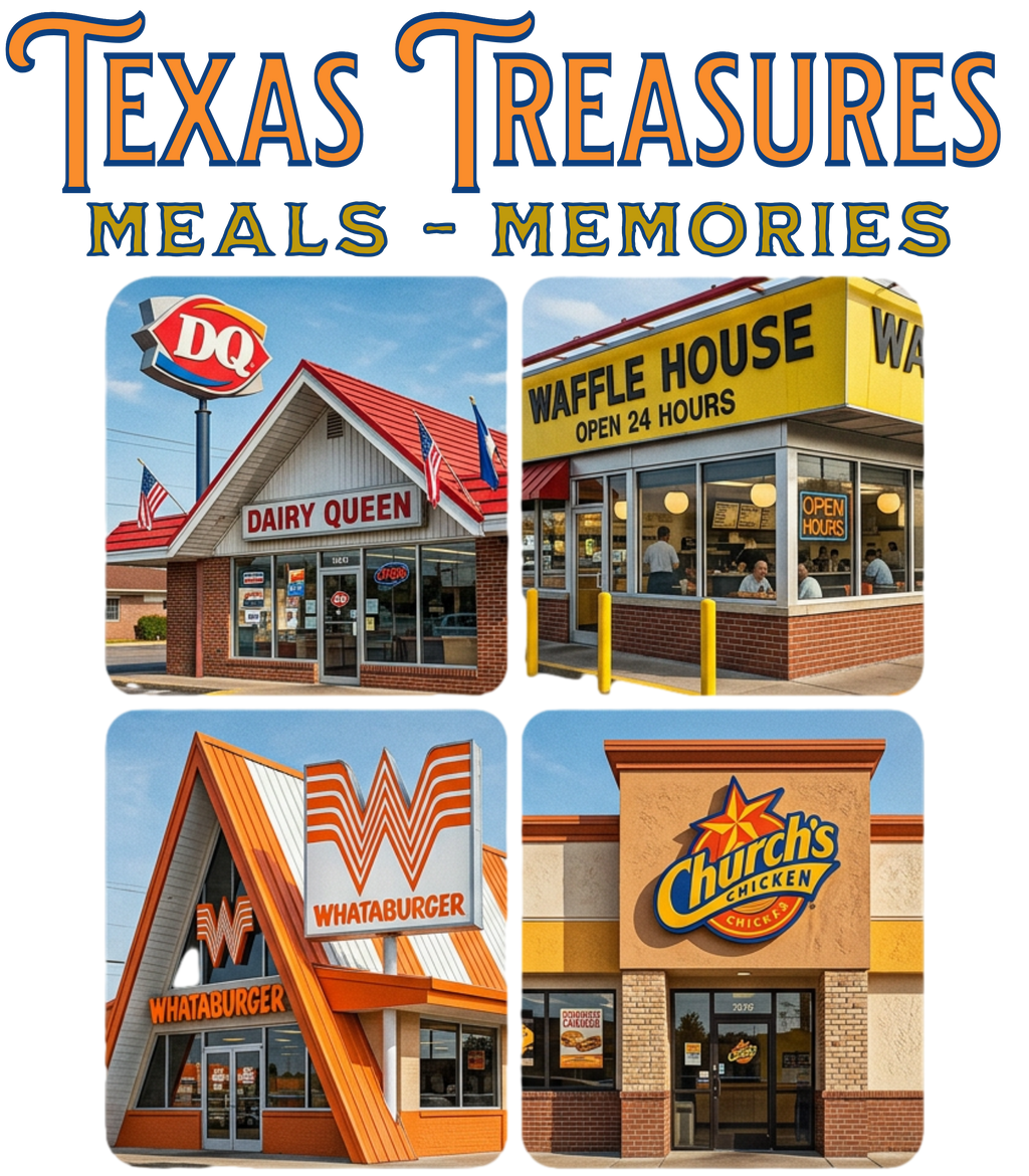 Collage of fast food restaurant logos including with 'Texas Treasures Meals Memories' text.