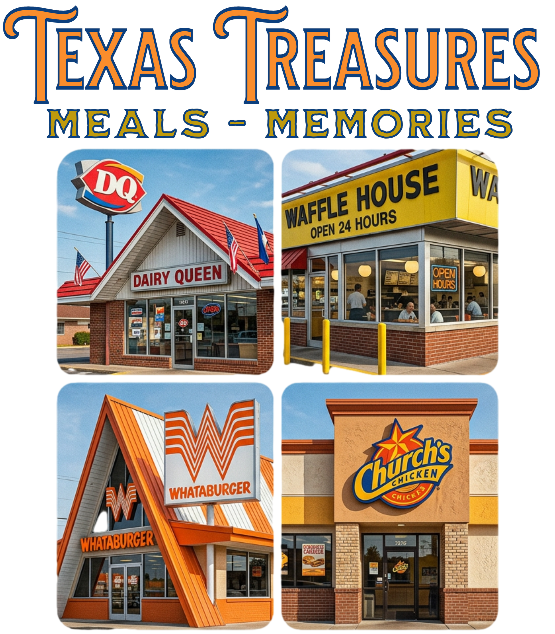 Collage of fast food restaurant logos including with 'Texas Treasures Meals Memories' text.