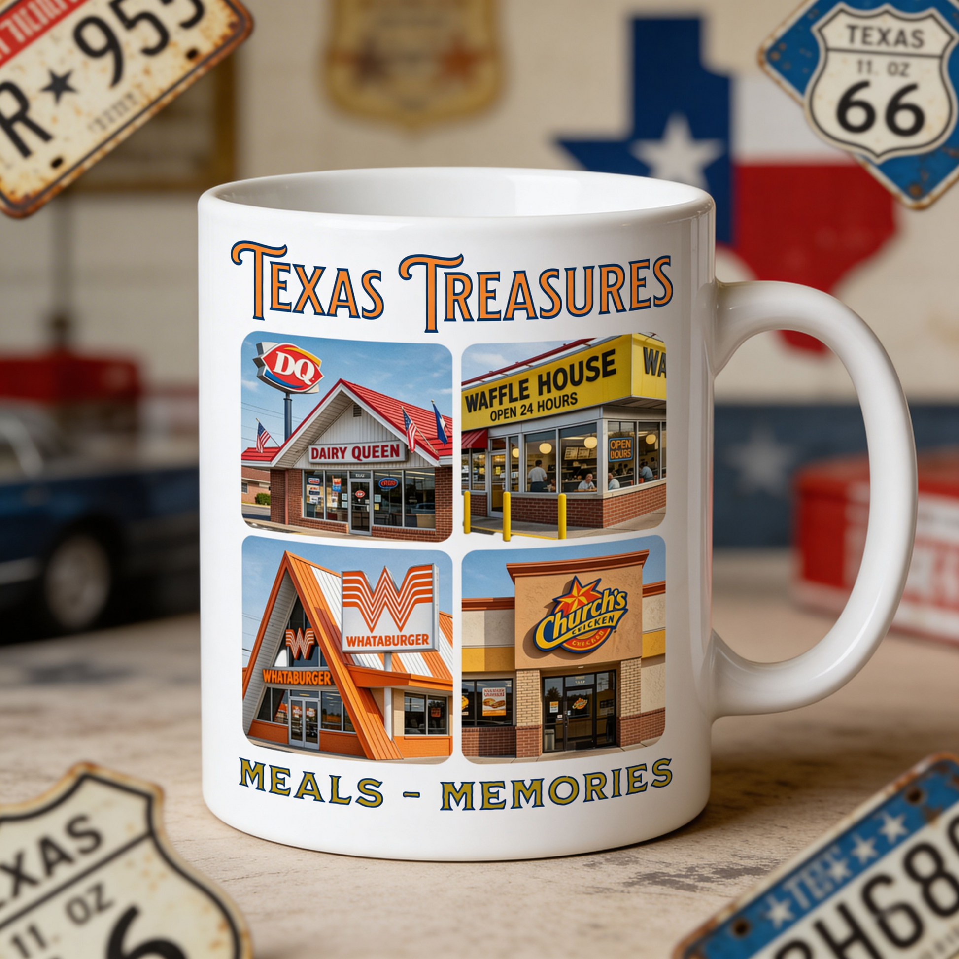 White mug with Texas Treasures design featuring fast food restaurants on a wooden surface.